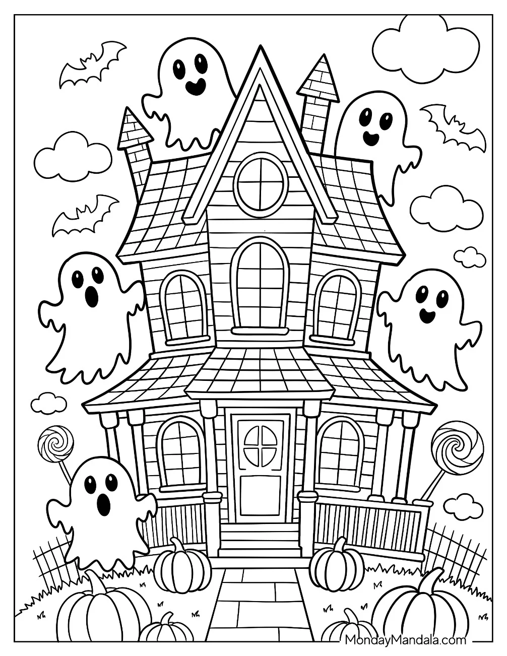 Playful Ghosts Hovering Around a Tilted Haunted House Coloring Page with Candy and Pumpkins for Kids coloring page