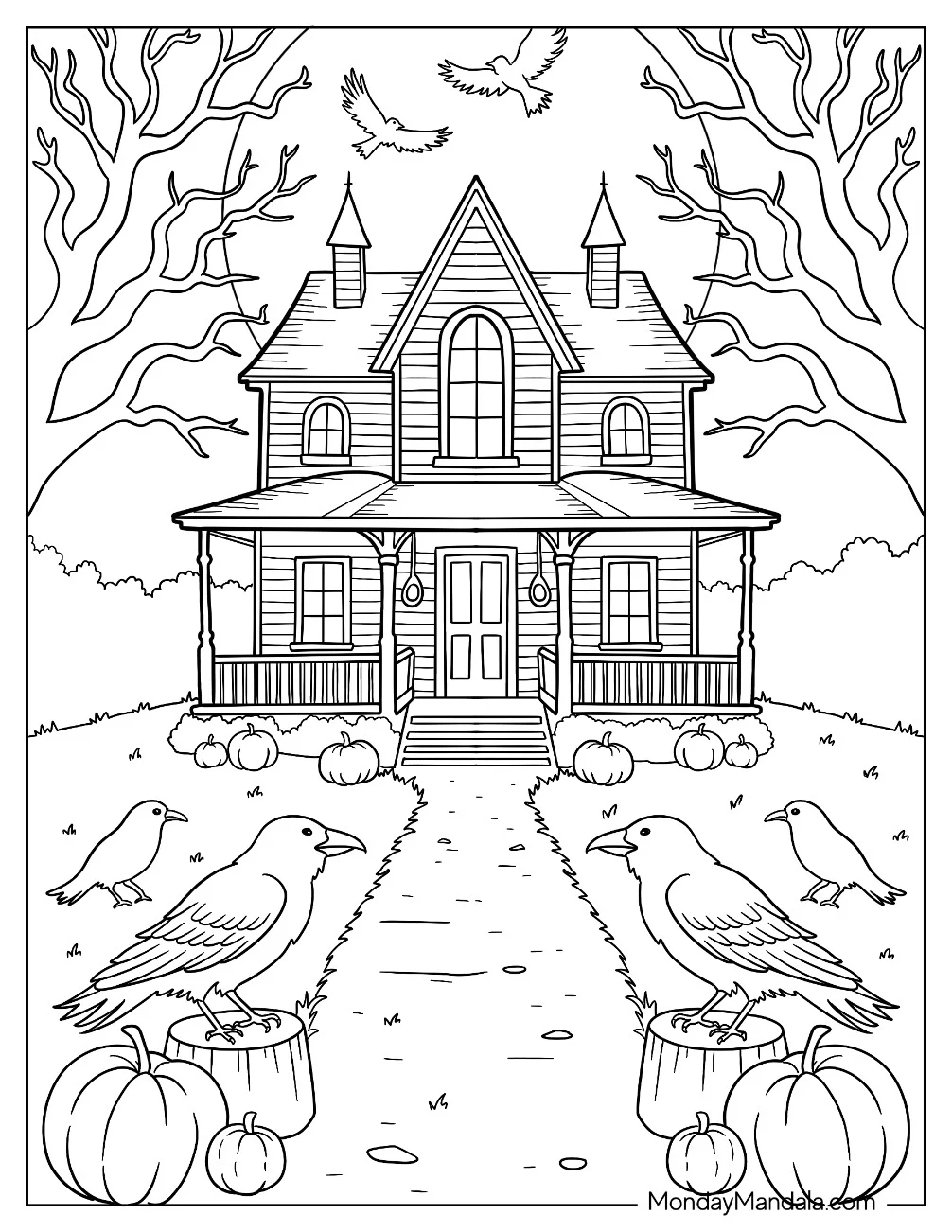 Realistic Haunted House Coloring Page With Crows on the Walkway and Full Moon in the Sky coloring page