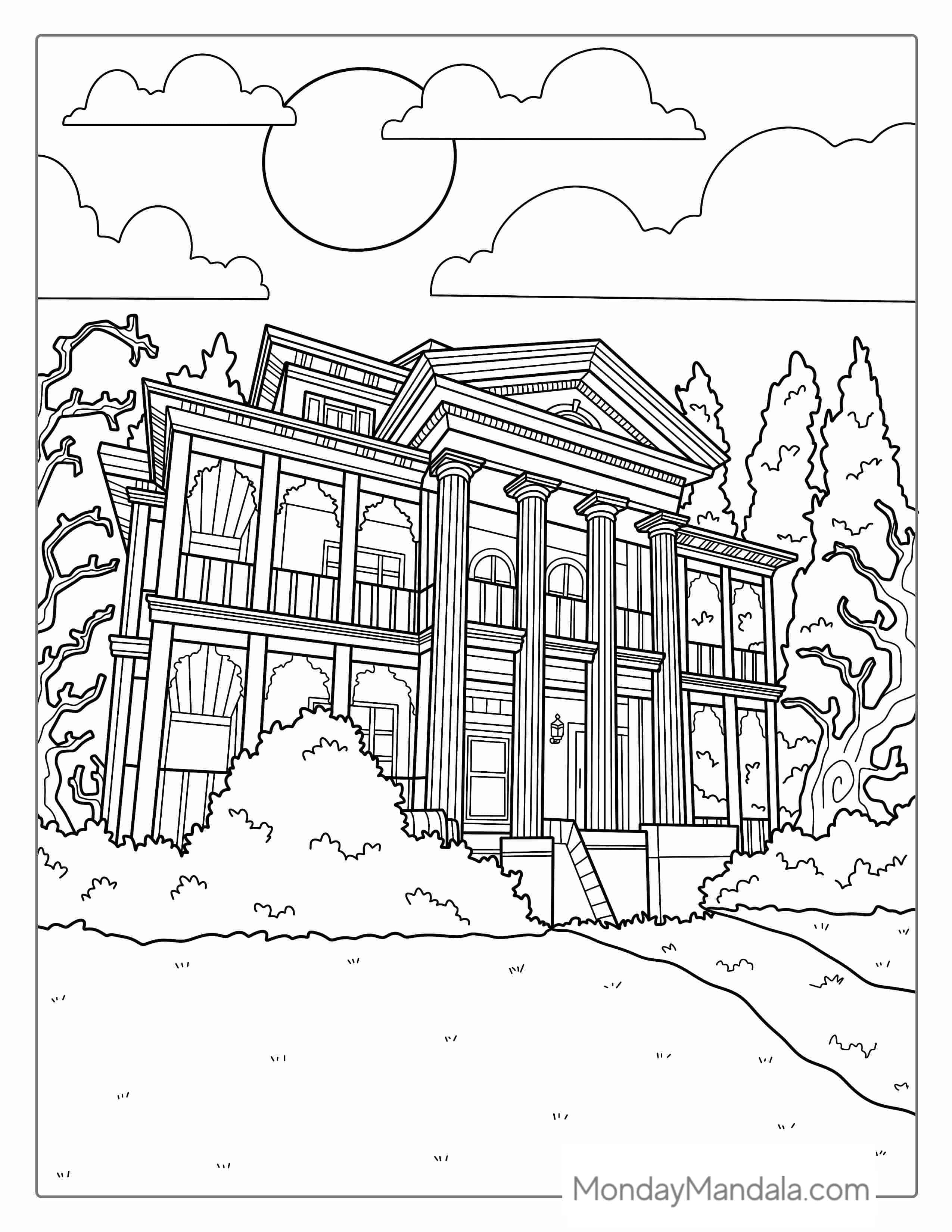 Realistic Haunted Mansion To Color coloring page — printable line art