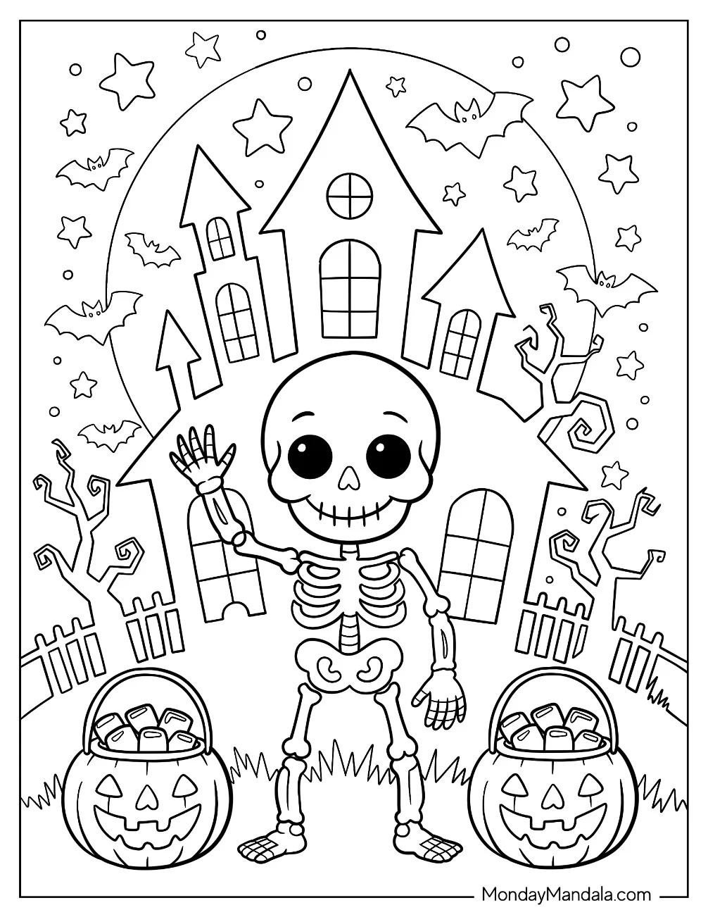 Smiling Skeleton Trick or Treating in Front of a Haunted House Coloring Page for Kids coloring page — printable line art
