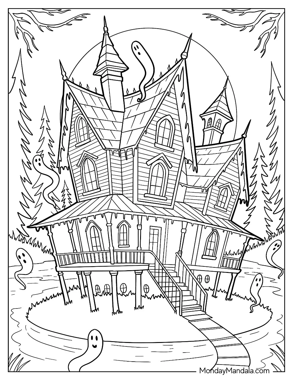 Spindly Haunted House Coloring Page on Stilts Surrounded by Ghosts and Pine Trees coloring page — printable line art