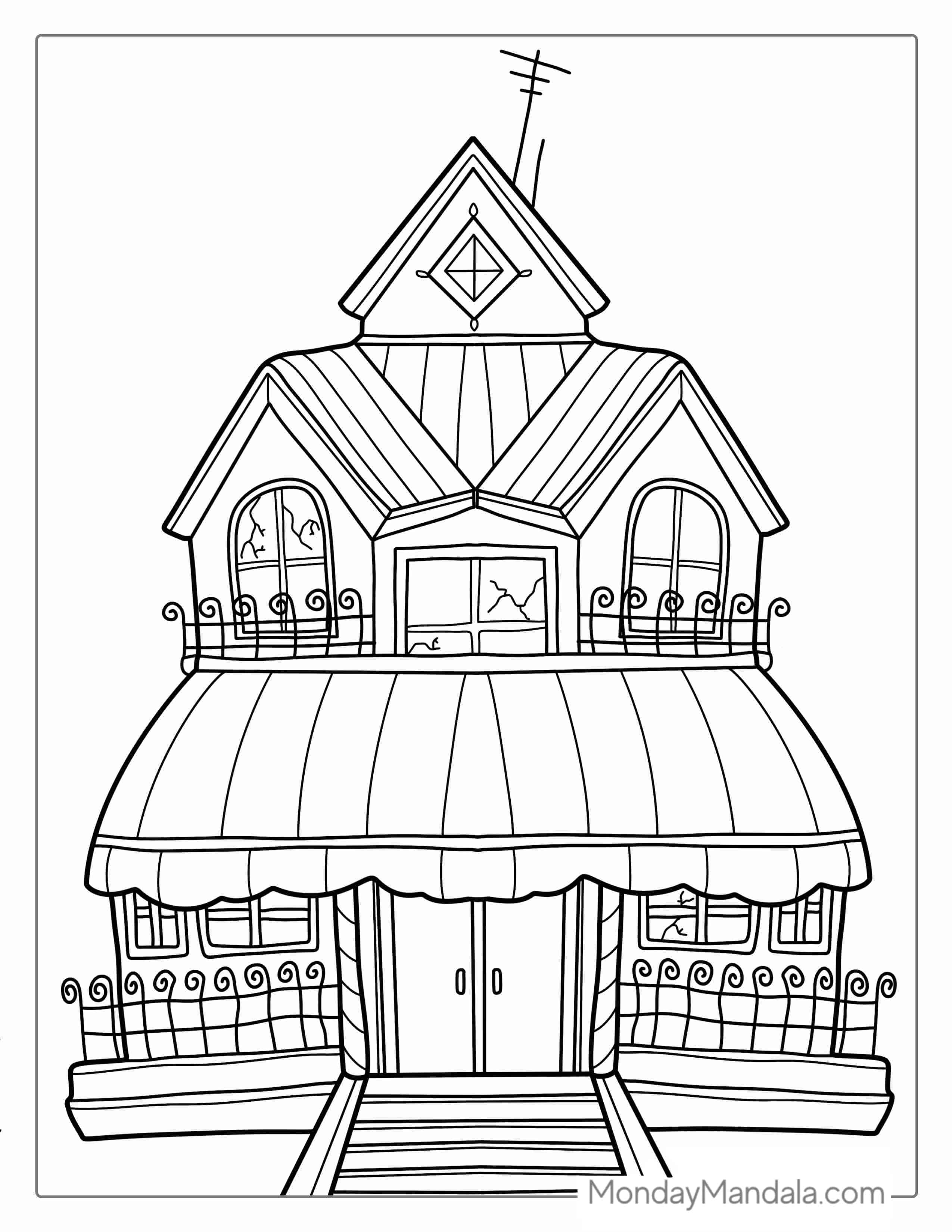 Spooky Haunted House With Cracked Windows coloring page