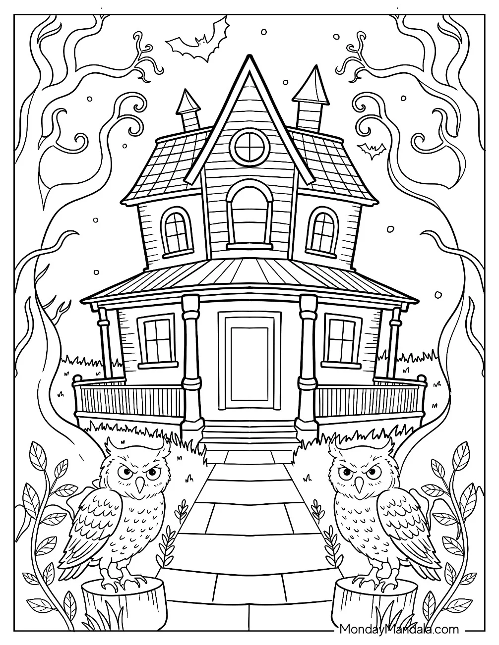 Victorian Haunted House Coloring Page with Twisted Trees and Perched Owls coloring page — printable line art
