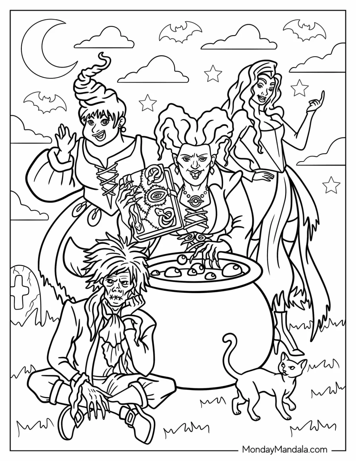 Cartoon Hocus Pocus Coloring Page Of Witches With Billy Butcherson And Thackery Binx coloring page — printable line art