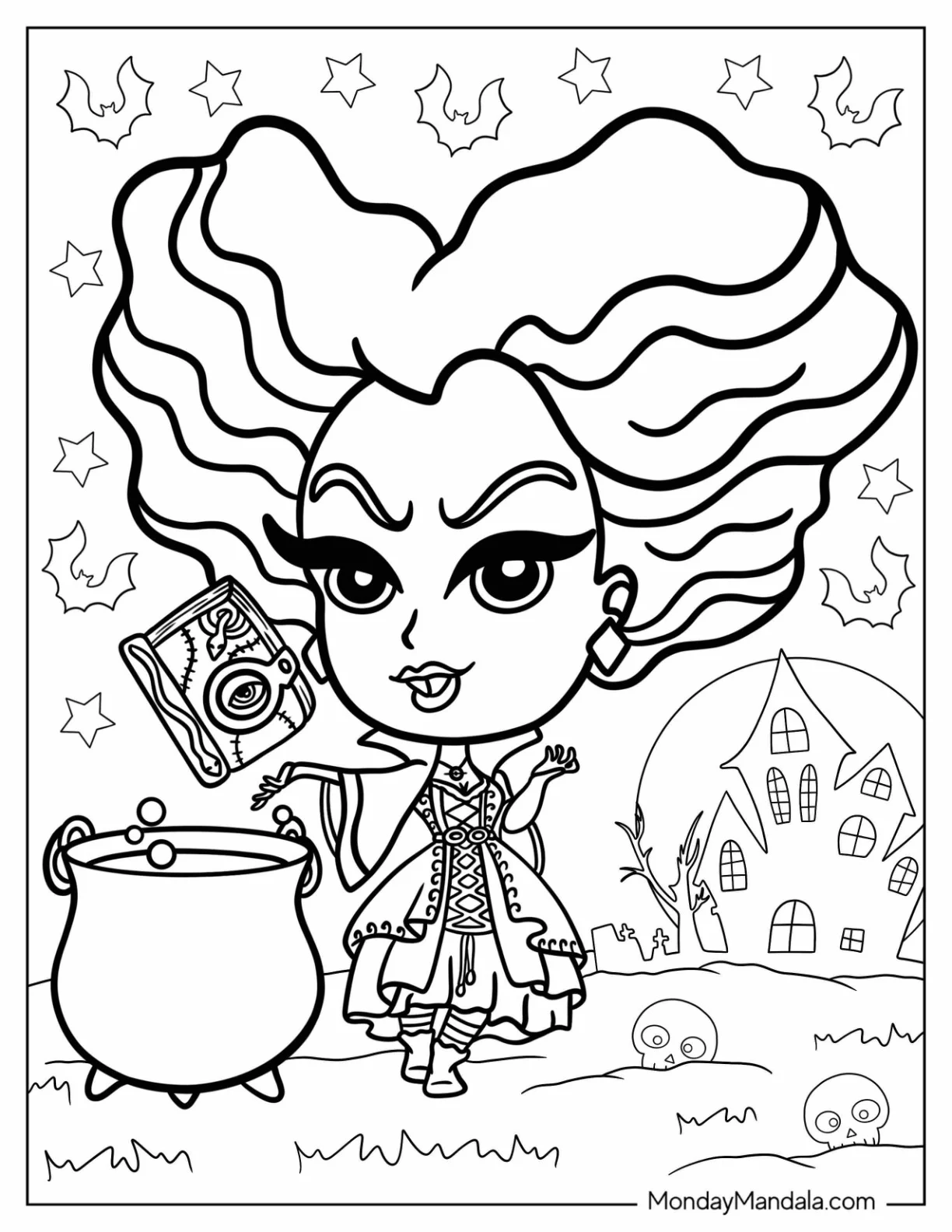 Hocus Pocus Coloring Page Of Chibi Winifred Sanderson With Book Of Spells coloring page