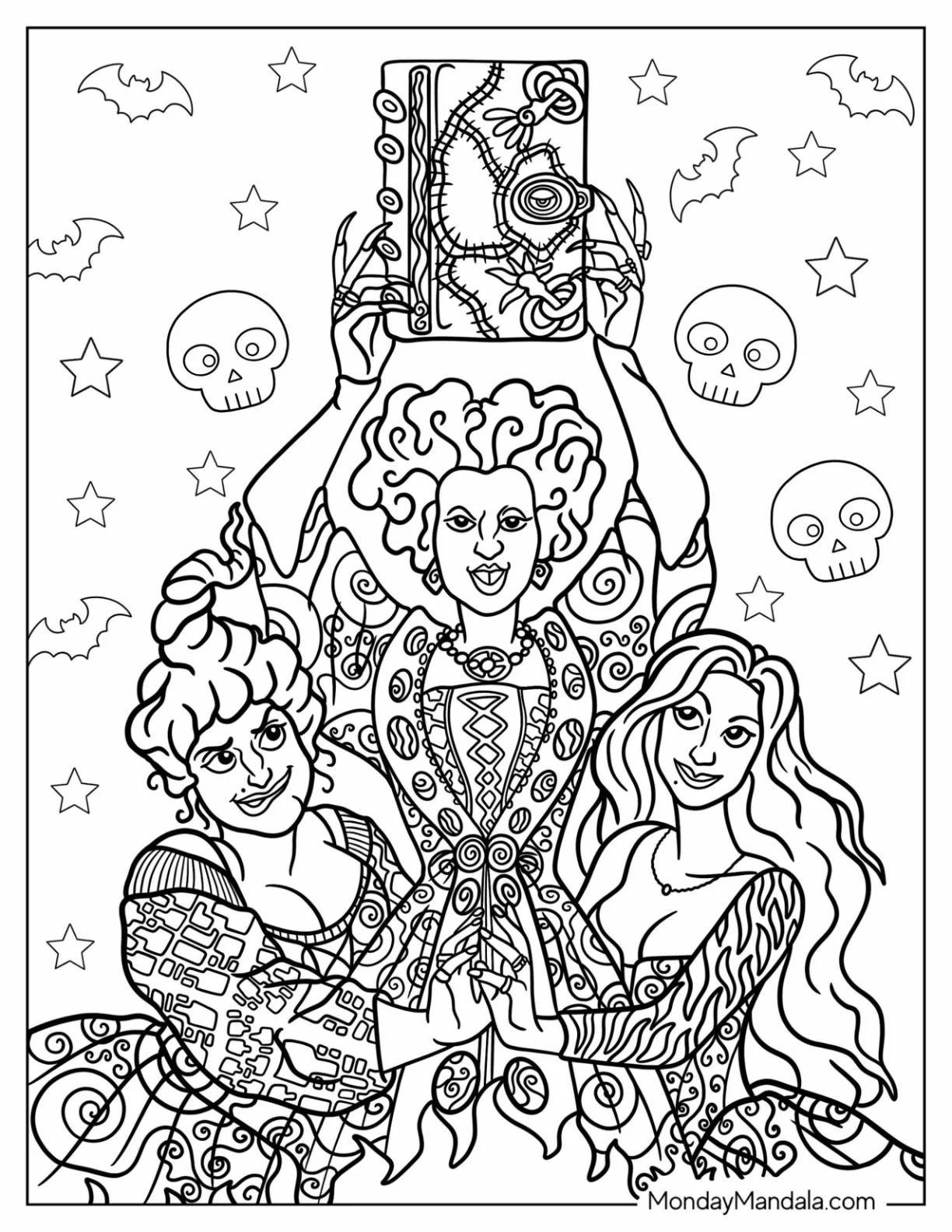 Hocus Pocus Coloring Page Of Detailed Winifred, Sarah, And Mary Sanderson Holding Up Book Of Spells coloring page — printable line art