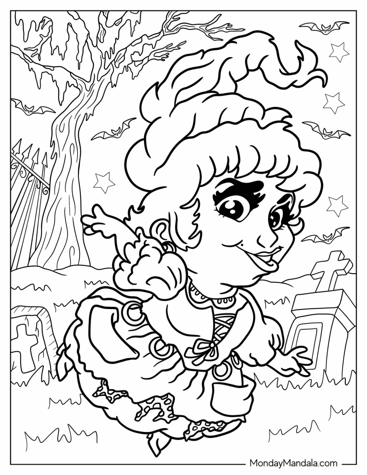 Hocus Pocus Coloring Page Of Kawaii Mary Sanderson In Cemetery coloring page