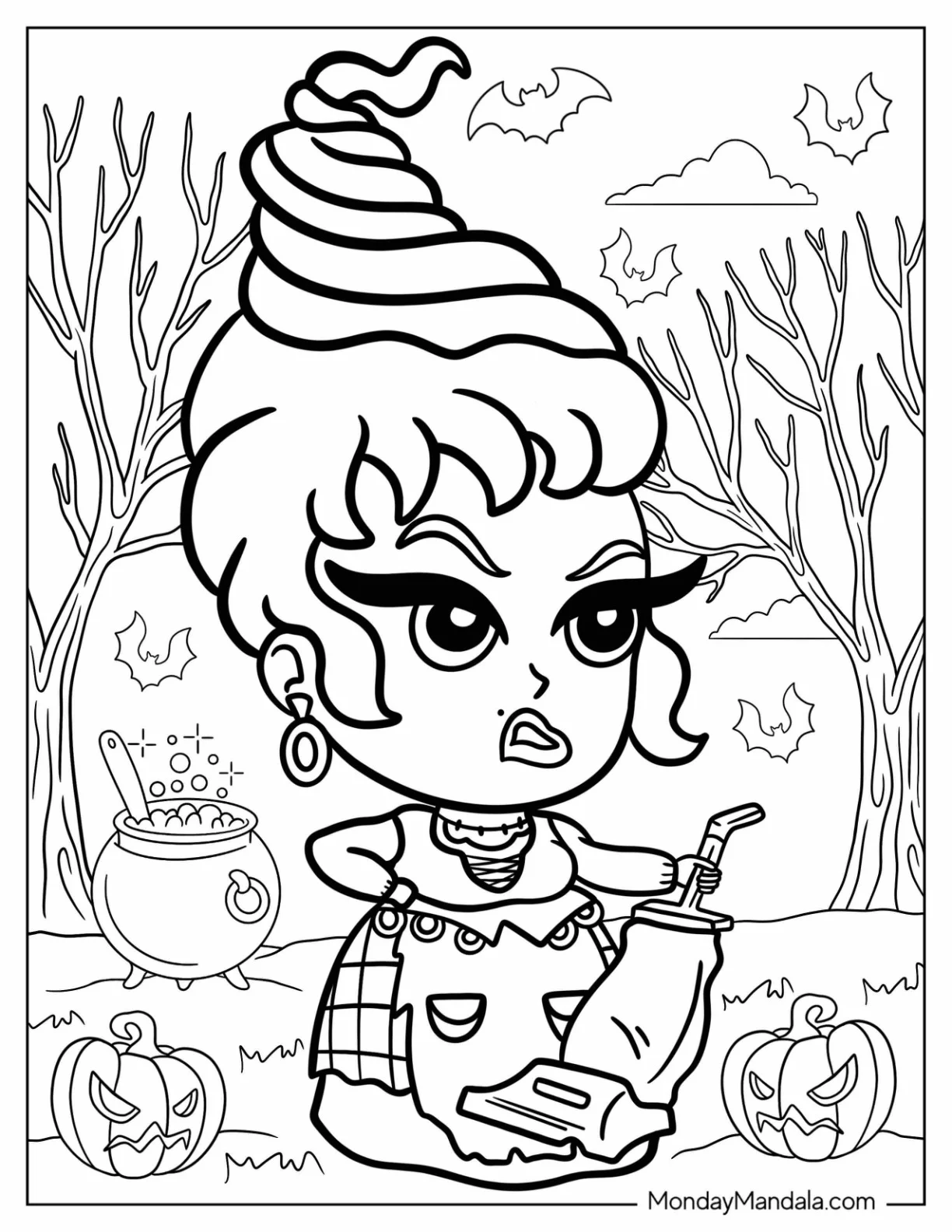 Hocus Pocus Coloring Page Of Kawaii Mary Sanderson With Cauldron On Halloween coloring page