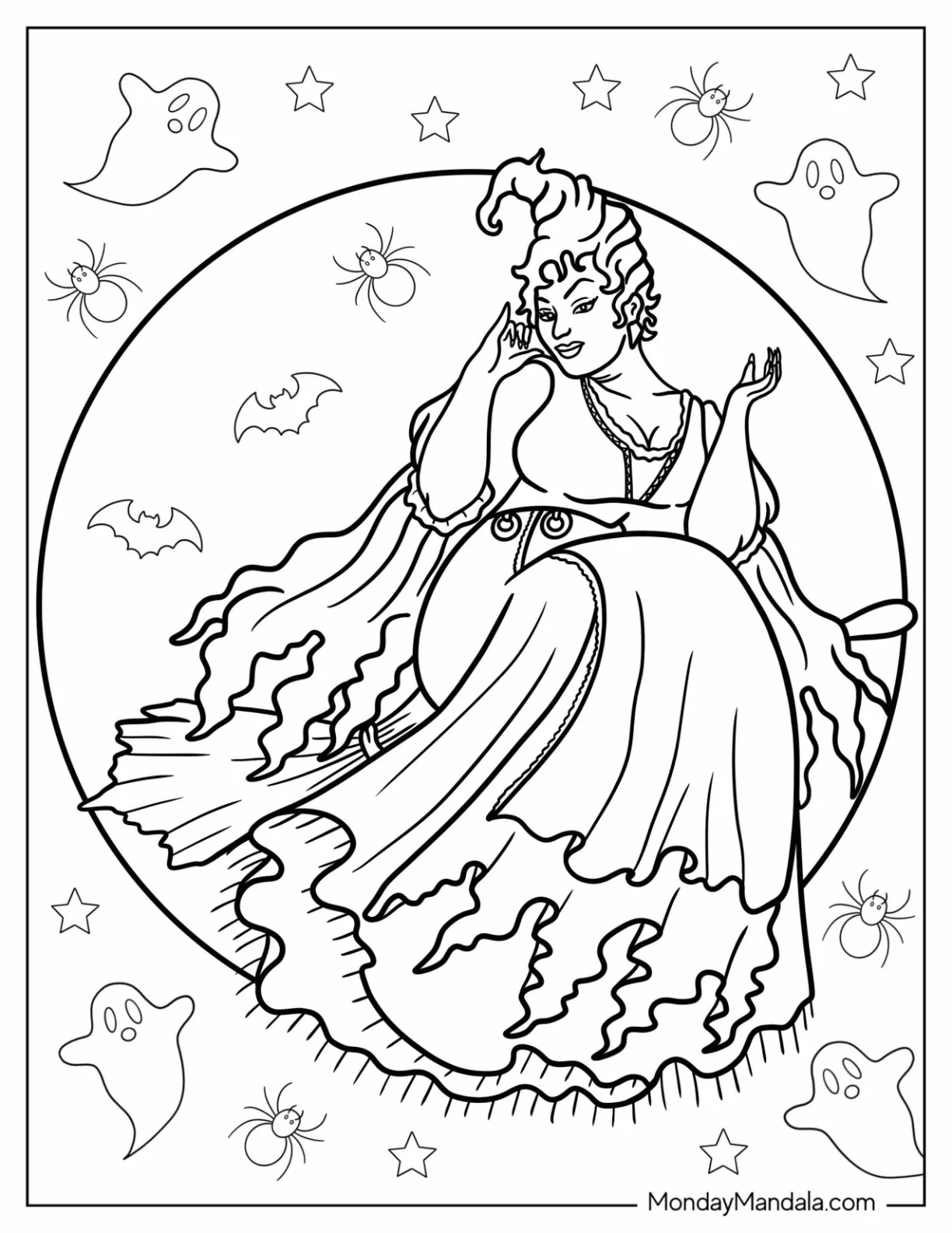 Hocus Pocus Coloring Page Of Mary Sanderson Flying On Her Broom On A Full Moon coloring page