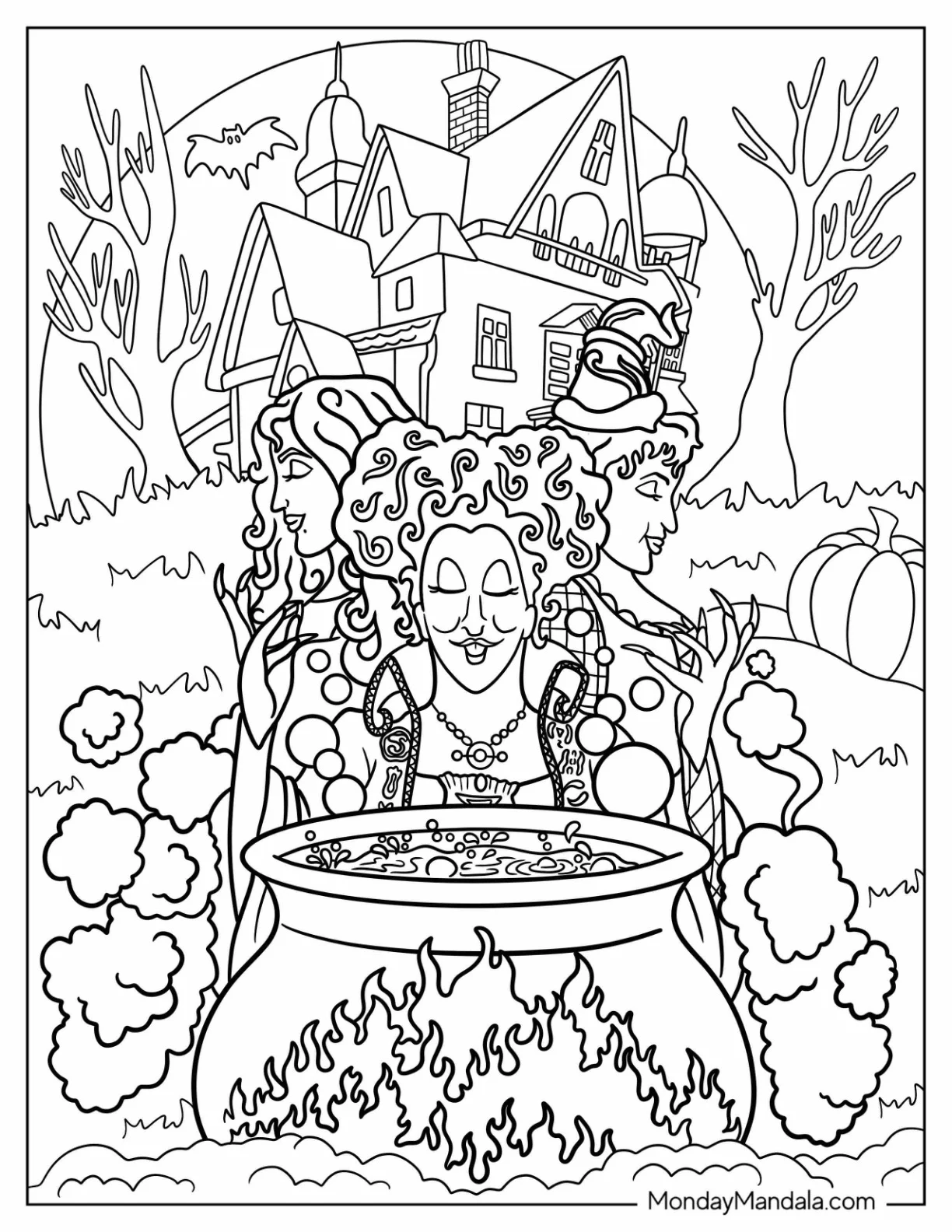 Hocus Pocus Coloring Page Of Sanderson Witches In Front Of Haunted House coloring page