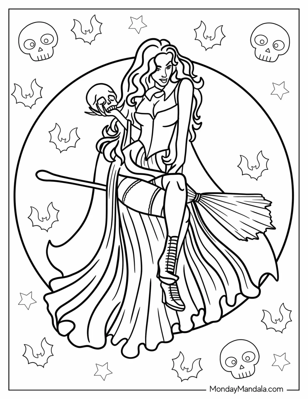 Hocus Pocus Coloring Page Of Sarah Sanderson On Broom Holding Skull coloring page