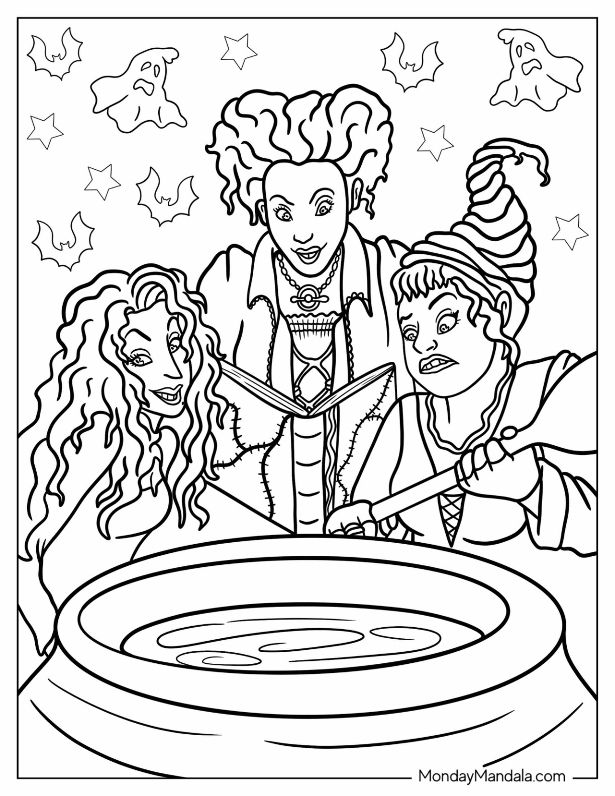 Hocus Pocus Coloring Page Of Winifred, Sarah, And Mary Sanderson In Front Of Witch's Cauldron coloring page