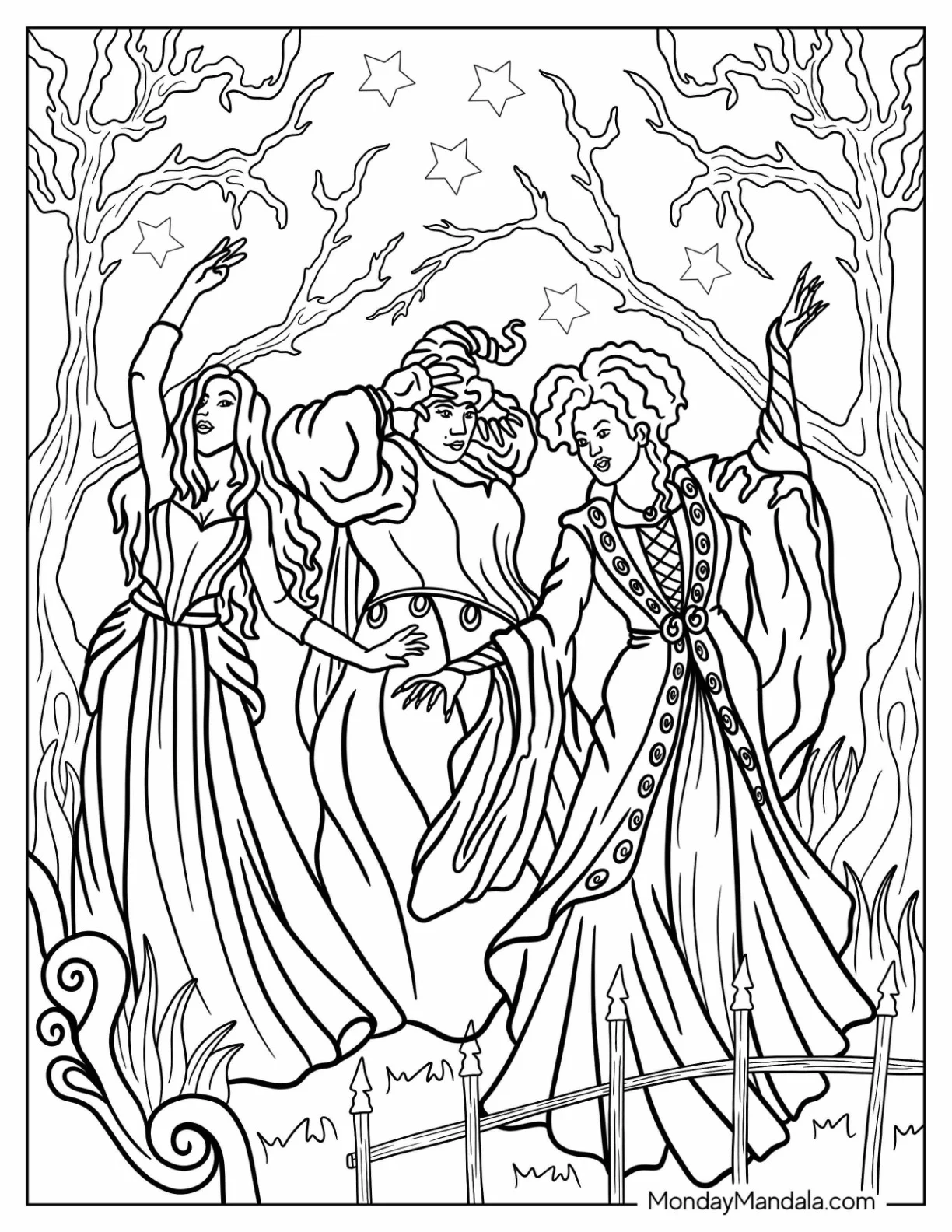 Realistic Hocus Pocus Coloring Page Of Winifred, Sarah, And Mary Sanderson In Forest coloring page