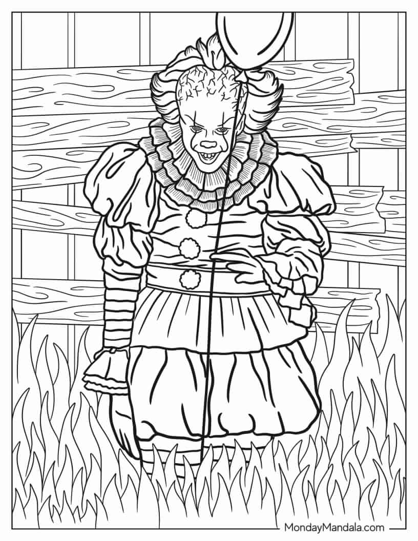 Creepy Penywise Clown From IT Holding Balloon coloring page