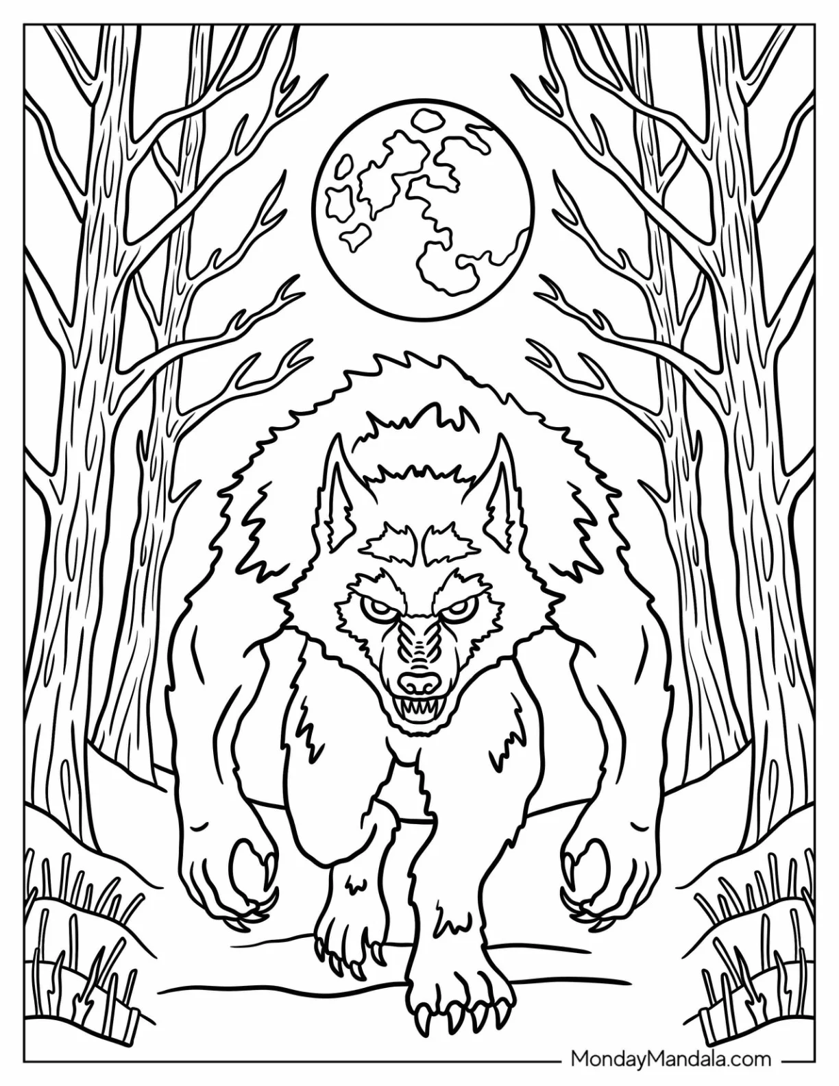 Ferocious Werewolf Under the Full Moon Horror Coloring Page coloring page — printable line art