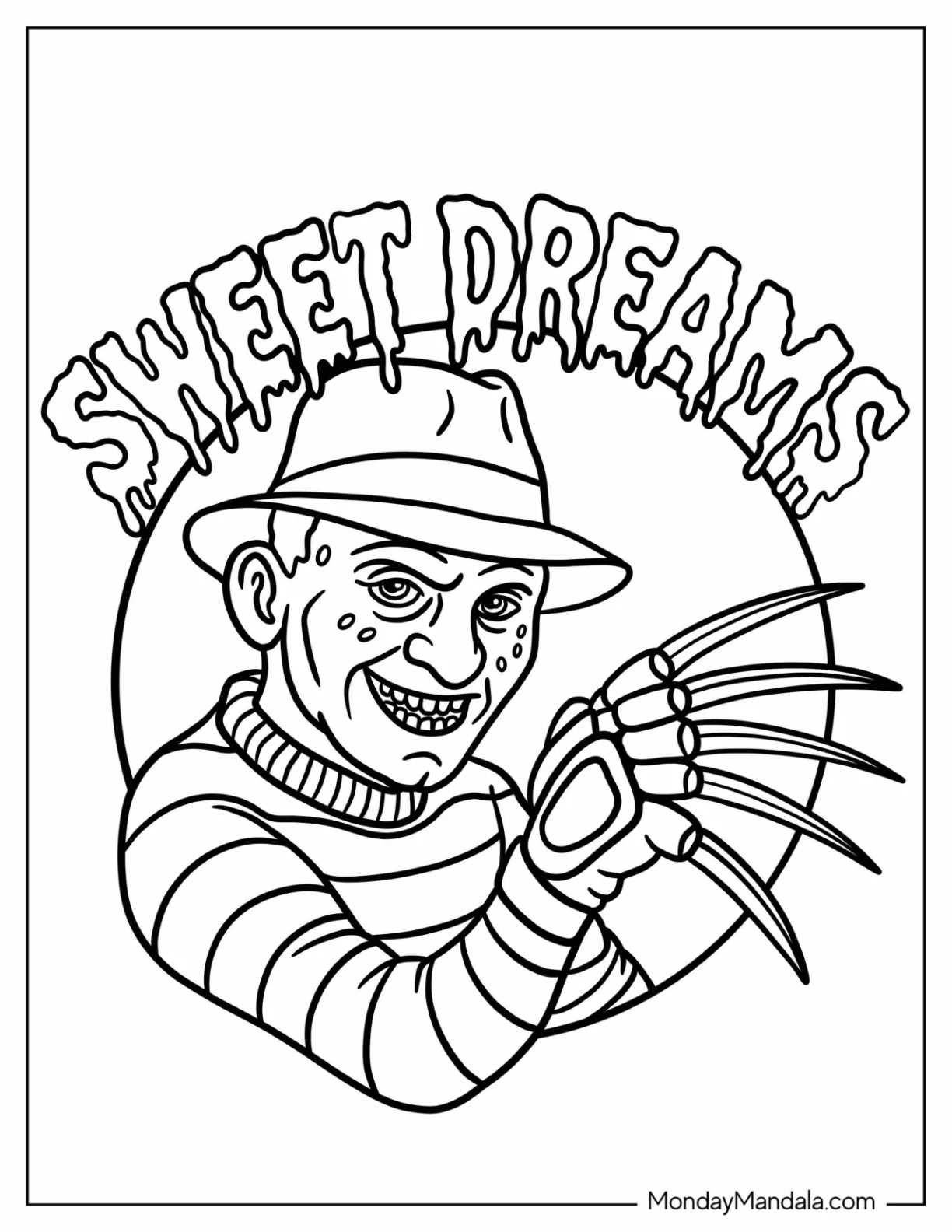 Freddy Krueger ‘Sweet Dreams’ Horror Coloring Page coloring page — printable line art