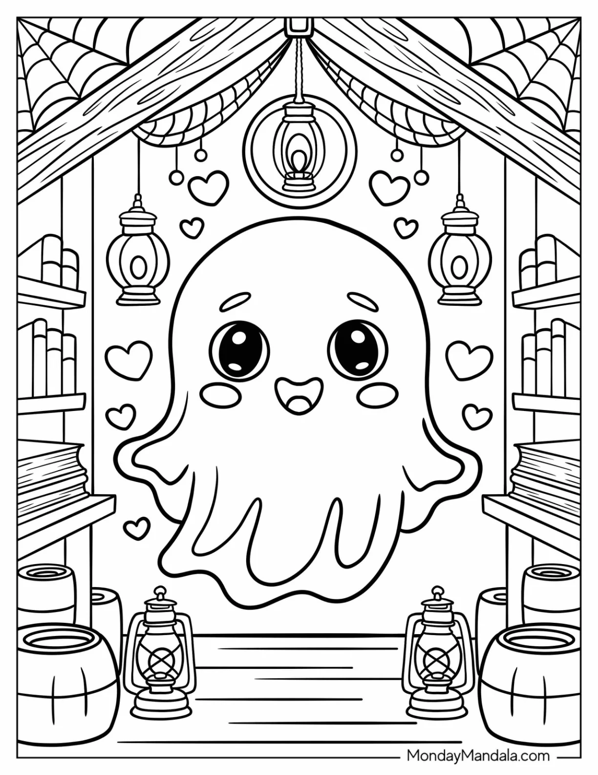 Horror Coloring Page of Adorable Ghost in Haunted Attic with Lanterns and Love Hearts For Kids coloring page