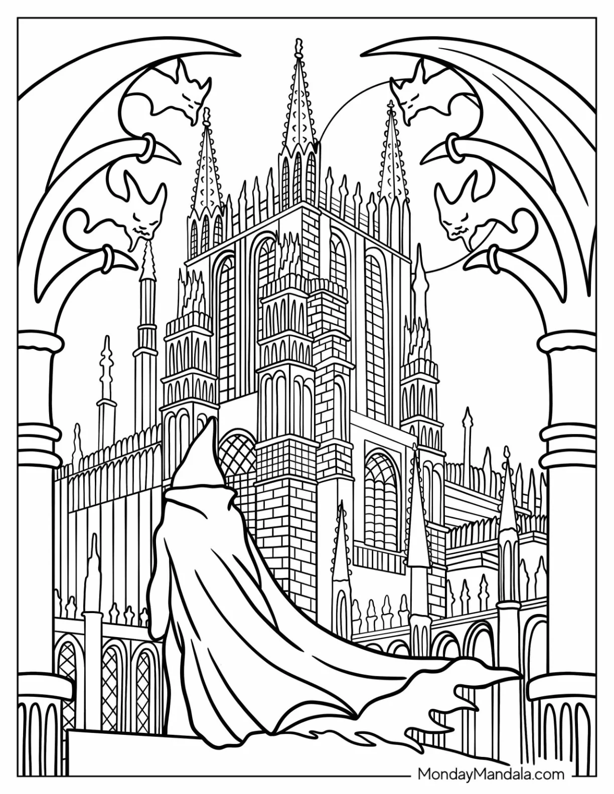 Horror Coloring Page of Ancient Cathedral with Gargoyles and a Lurking Wraith coloring page — printable line art