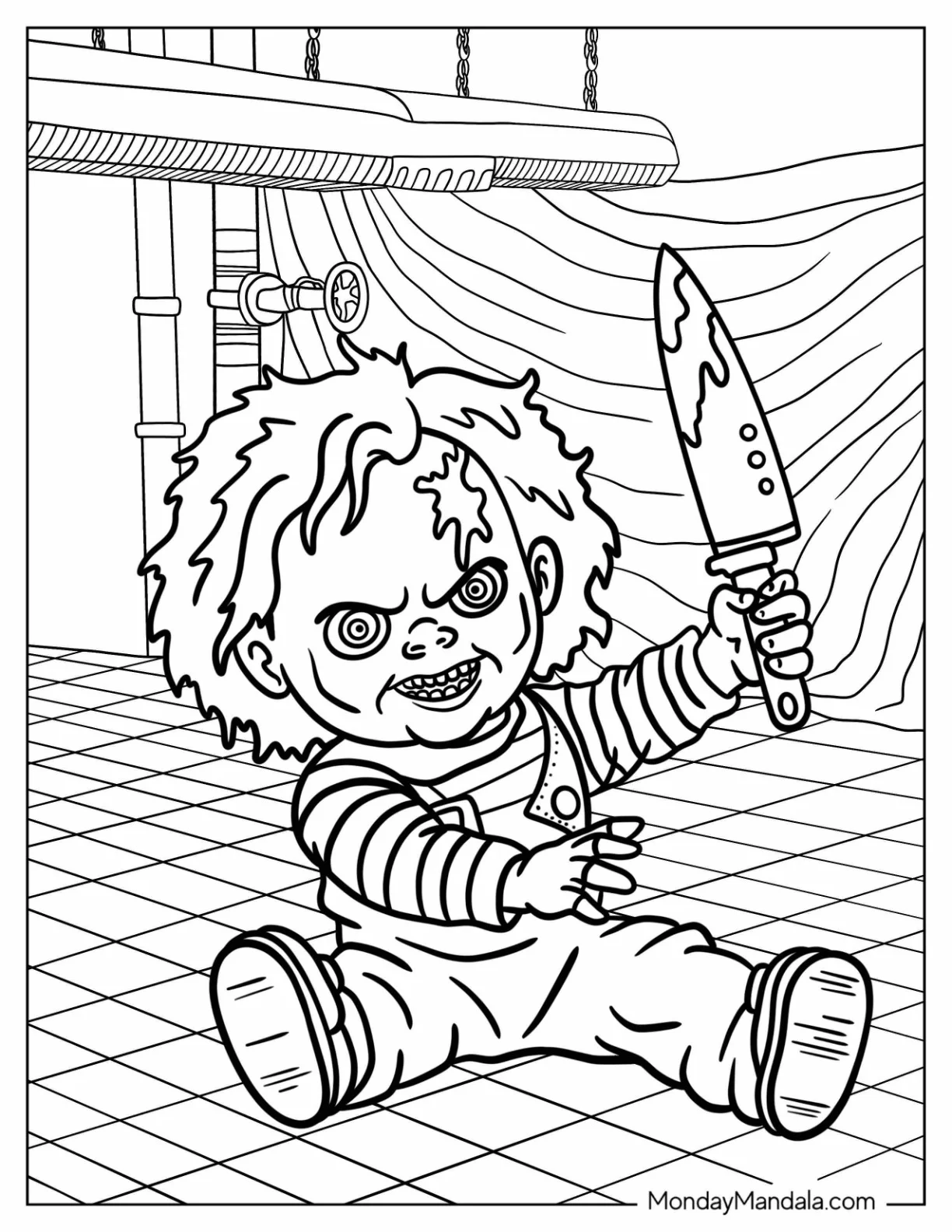 Horror Coloring Page of Chucky the Killer Doll with Bloody Knife Horror coloring page