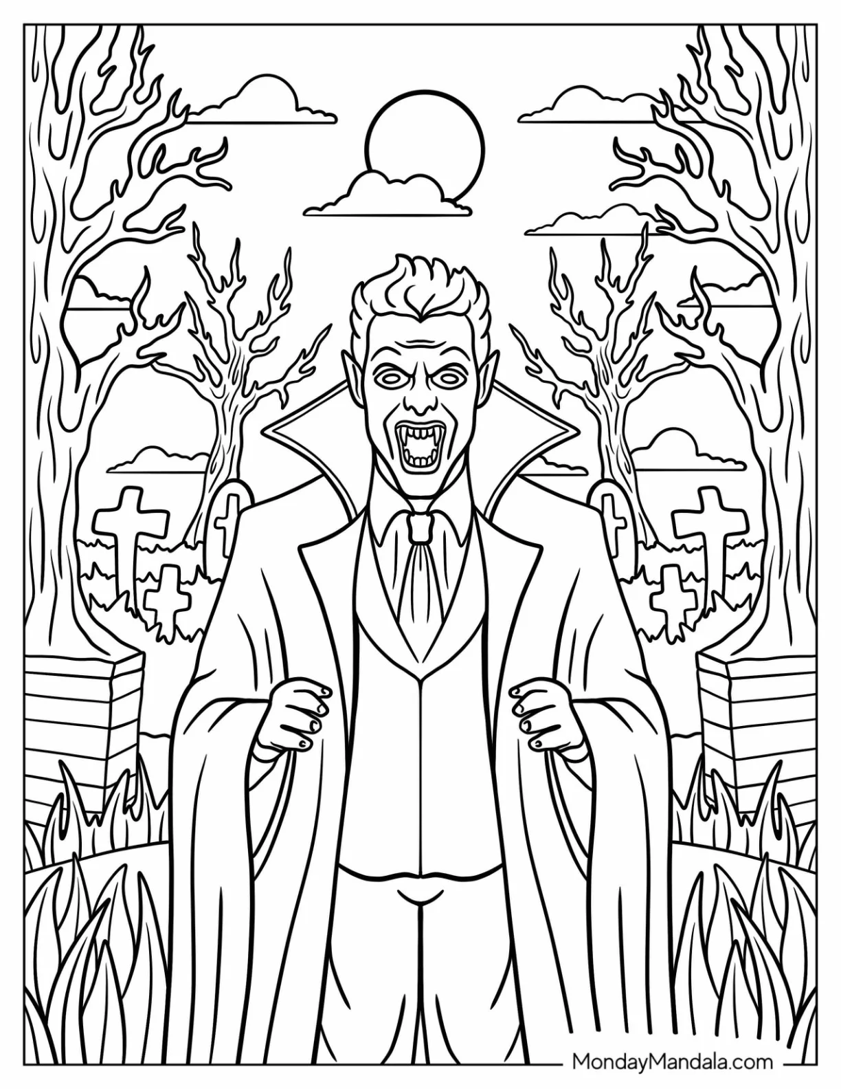 Horror Coloring Page of Classic Vampire with Fangs in Creepy Graveyard coloring page — printable line art