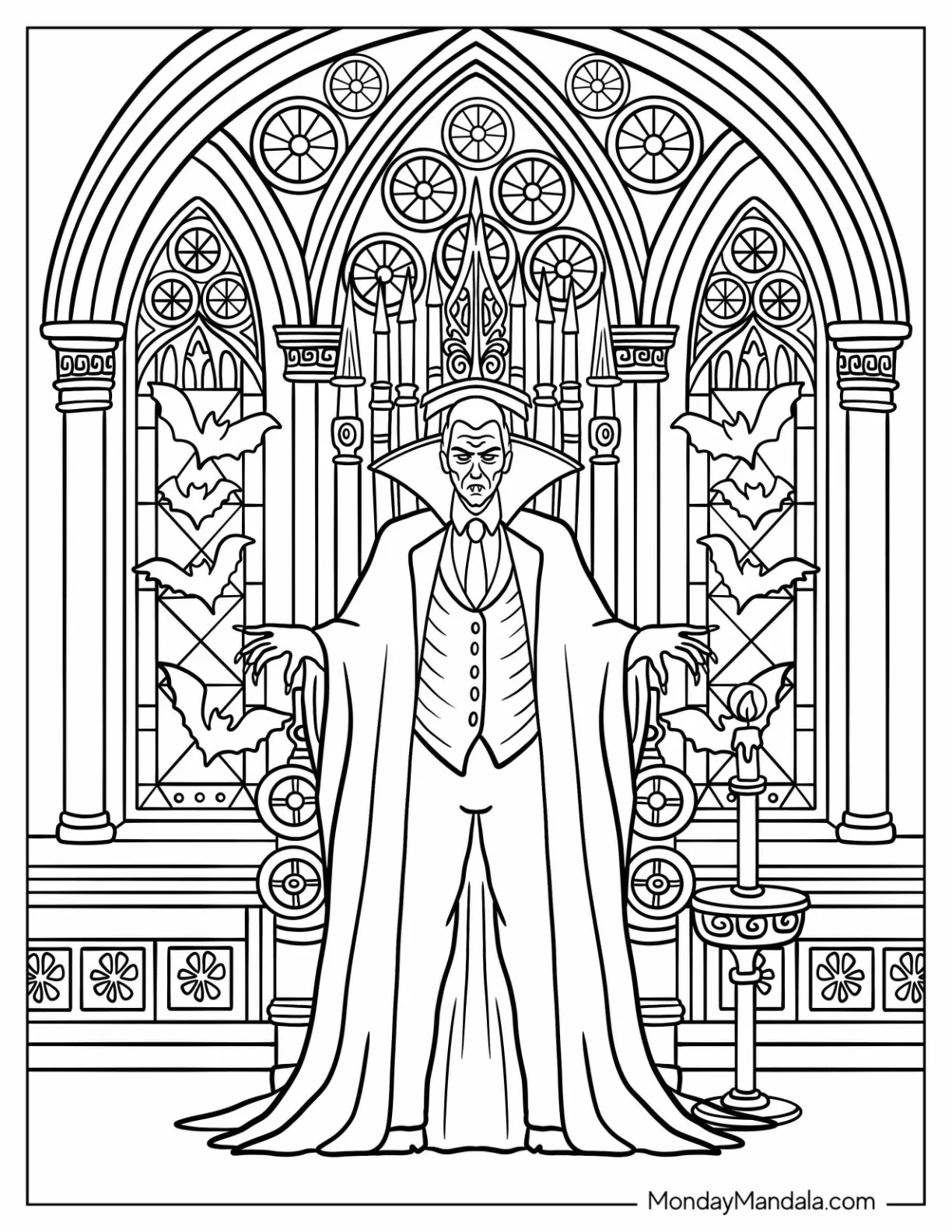 Horror Coloring Page of Dracula in His Gothic Throne Room coloring page