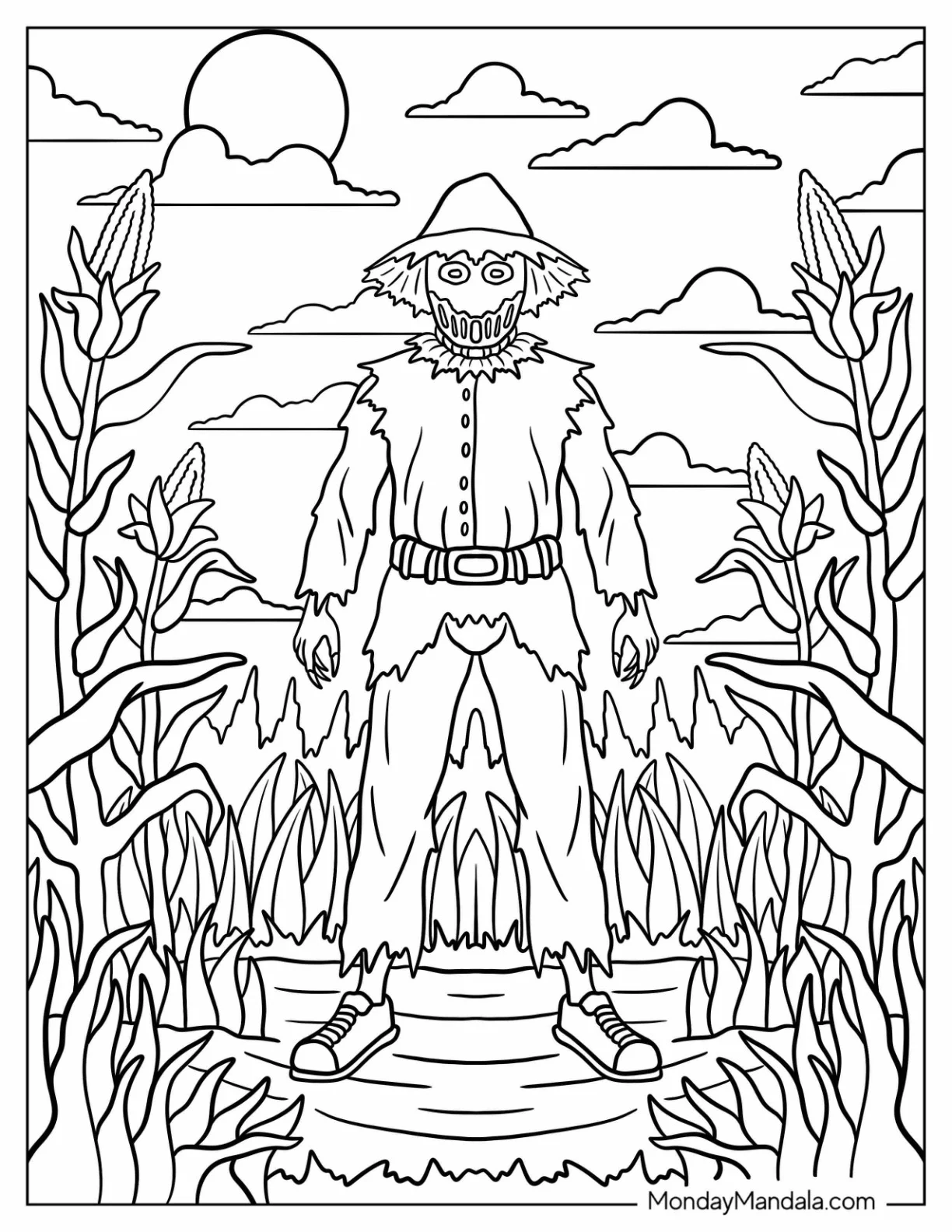 Horror Coloring Page of Evil Scarecrow Lurking Among the Corn Stalks coloring page