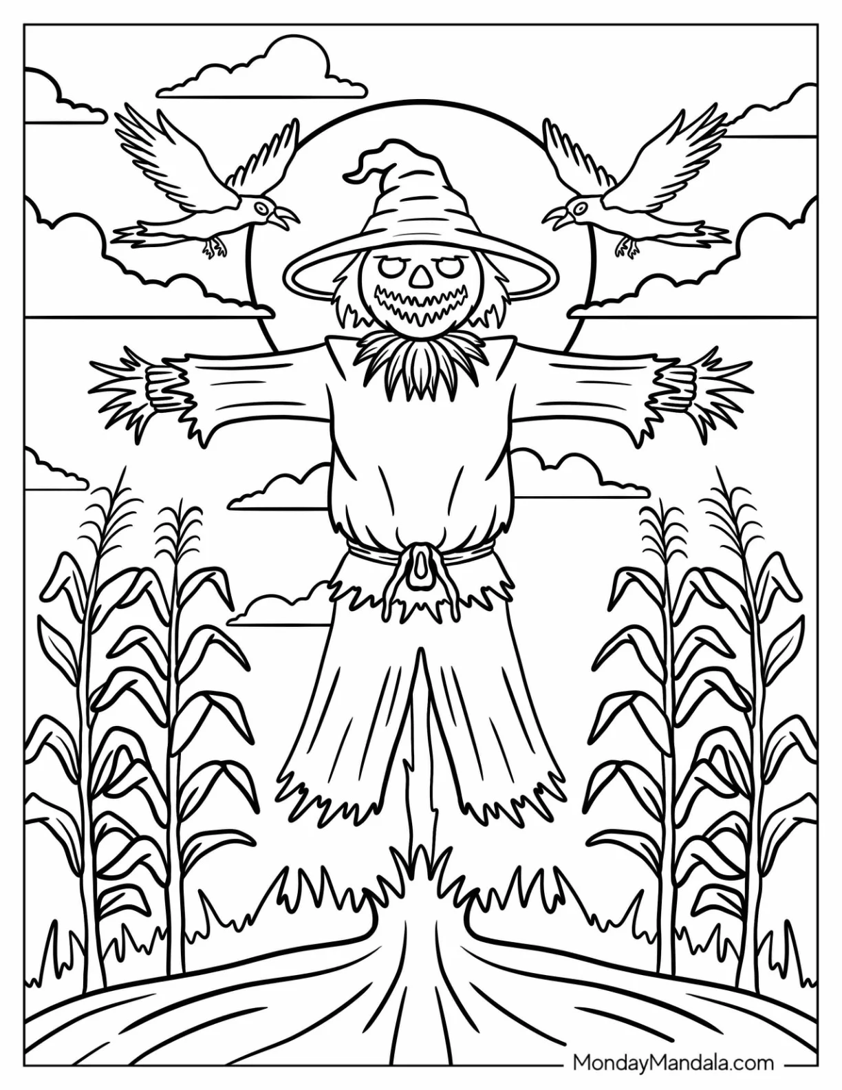 Horror Coloring Page of Evil Scarecrow Standing in Haunted Cornfield with Crows for Kids coloring page