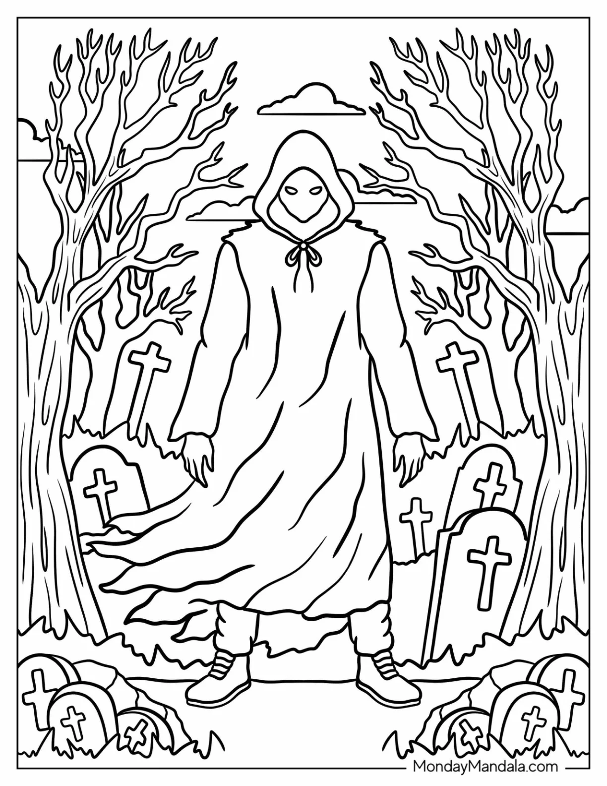 Horror Coloring Page of Faceless Reaper in Hooded Cloak Standing in Haunted Graveyard coloring page