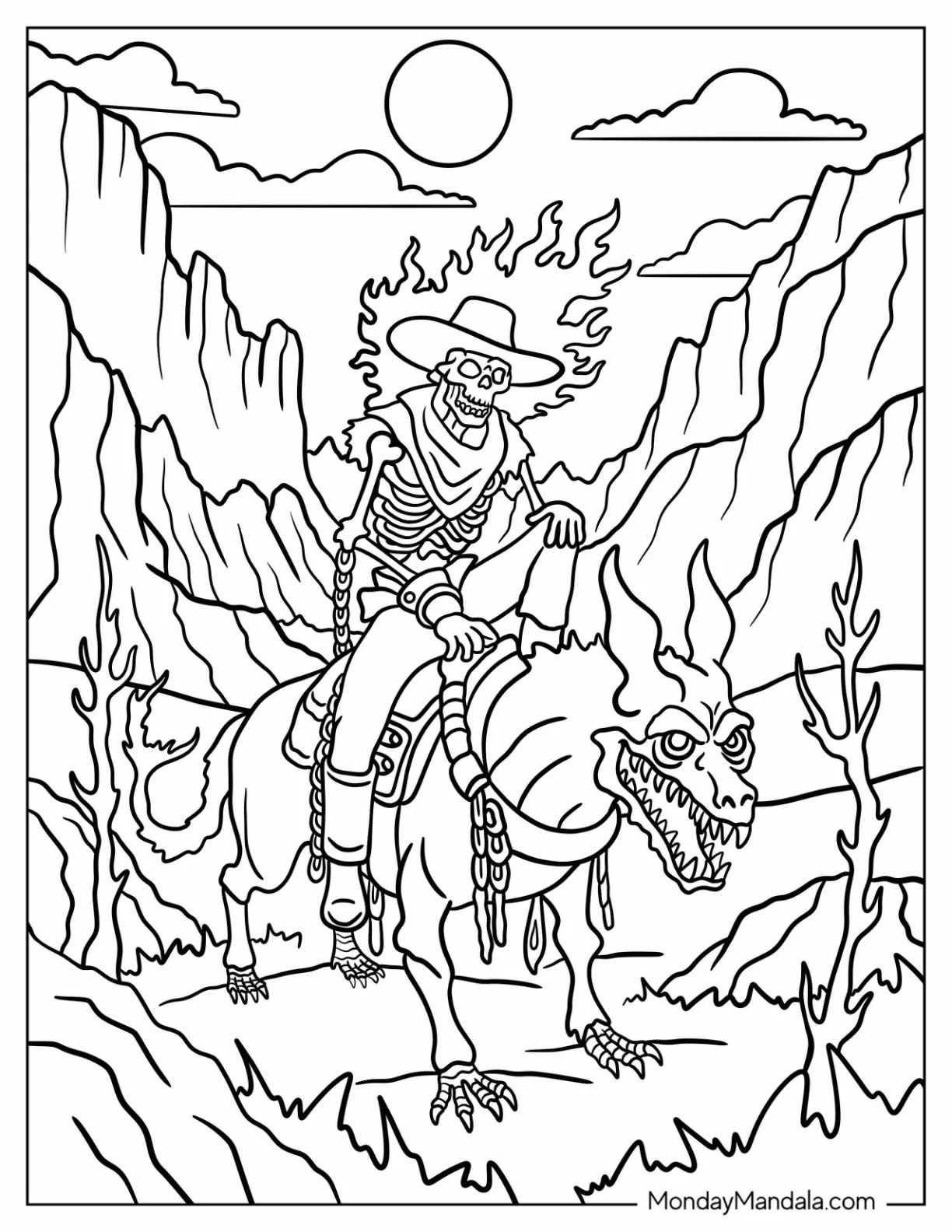 Horror Coloring Page of Flaming Skeleton Cowboy on a Demon Steed coloring page