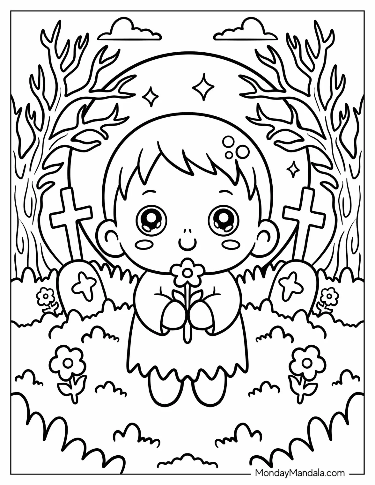 Horror Coloring Page of Ghost Child Holding Flower in the Graveyard for Kids coloring page
