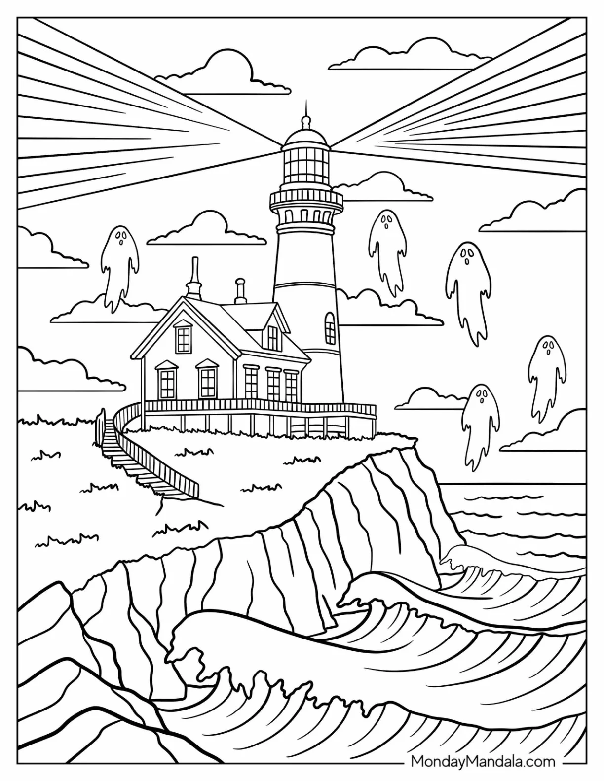 Horror Coloring Page of Haunted Lighthouse on the Cliff with Ghosts for Kids coloring page