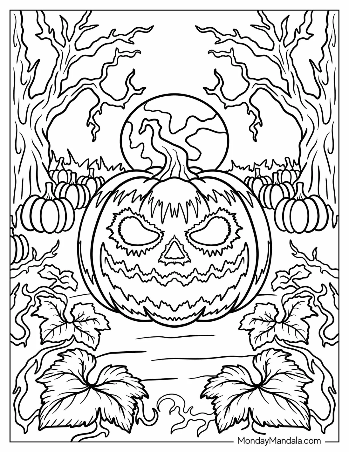 Horror Coloring Page of Haunted Pumpkin Patch with Evil Jack o  Lantern coloring page