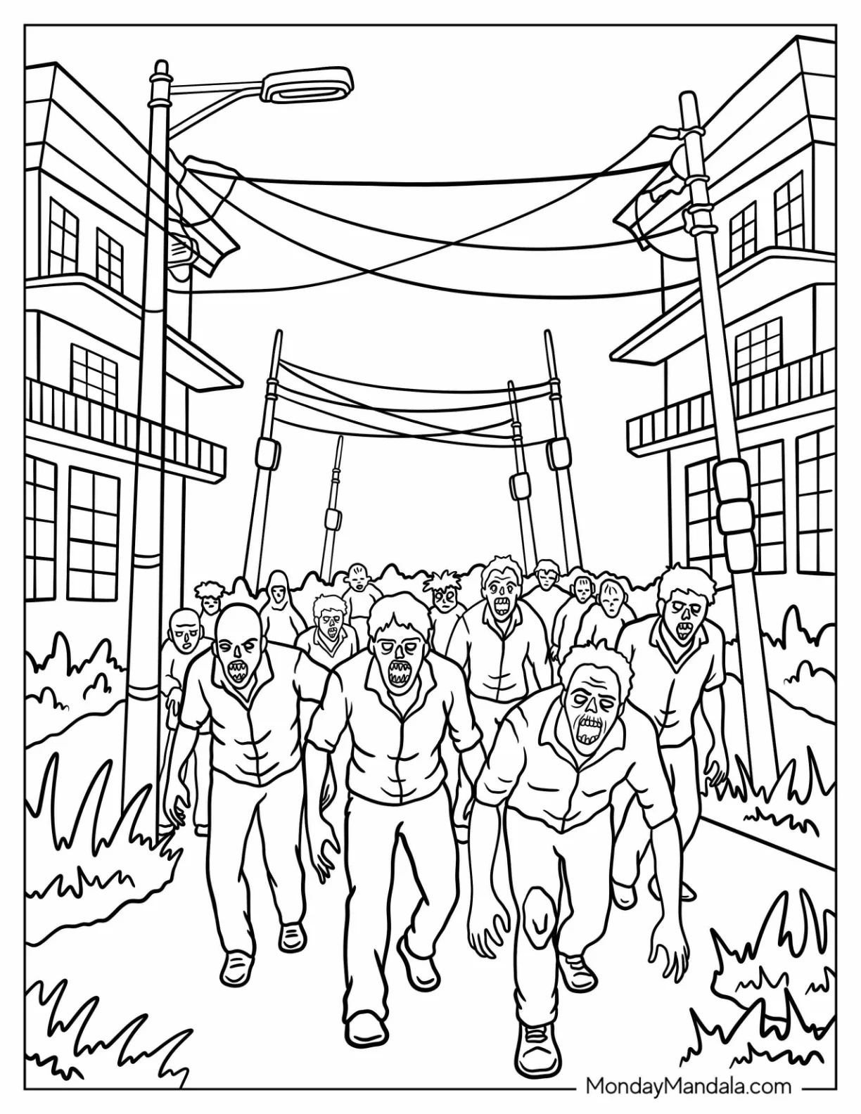 Horror Coloring Page of Hungry Zombies Roam a Post Apocalyptic Town coloring page
