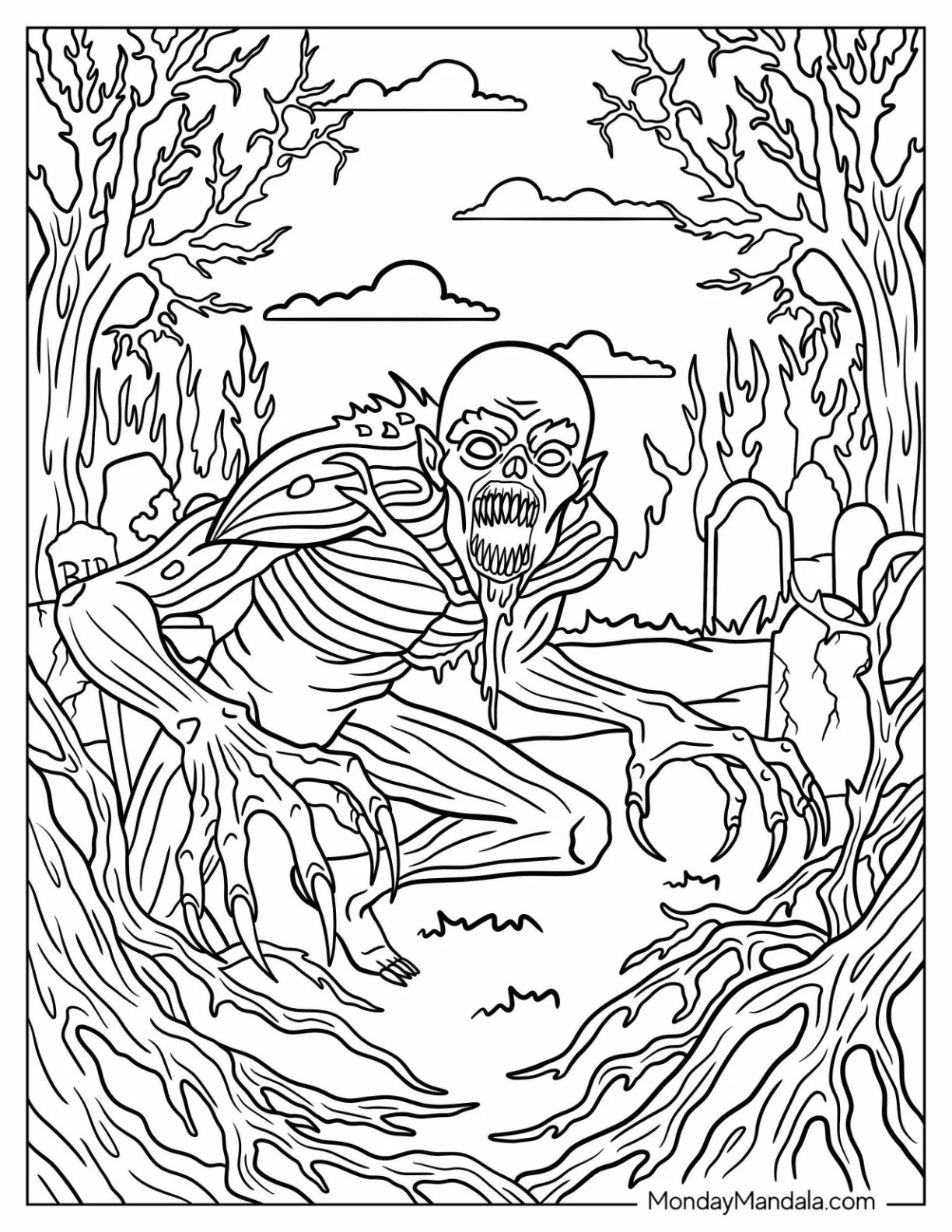 Horror Coloring Page of Leshless Ghoul Creeping in Haunted Forest coloring page