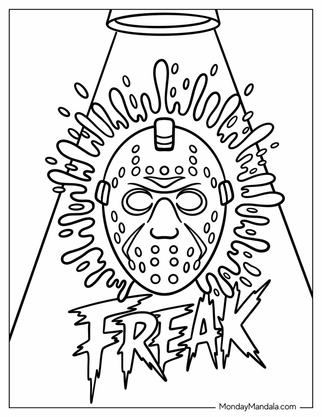 Horror Coloring Page of Sinister Hockey Mask with Freak Splash Lettering coloring page