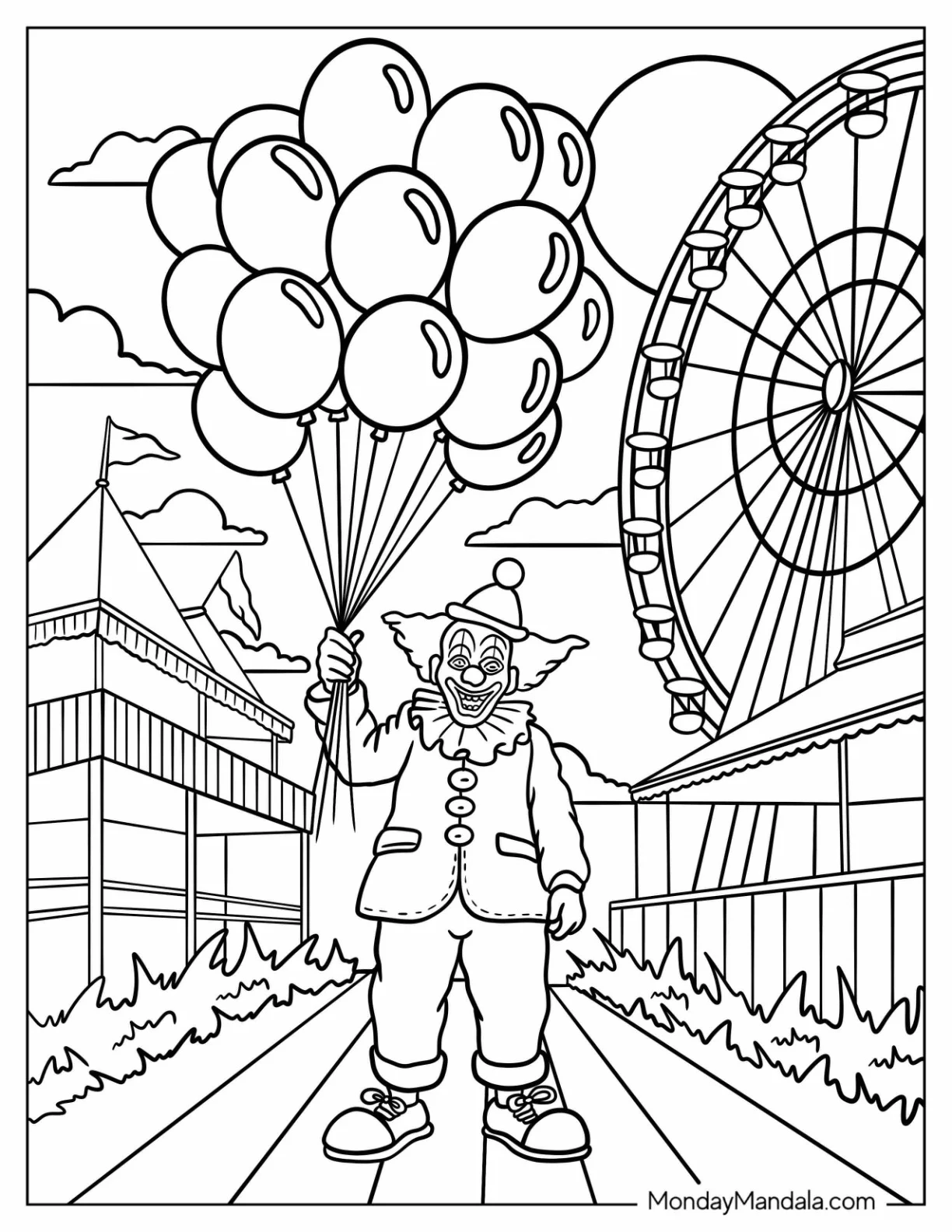 Horror Coloring Page of Terrifying Clown at Abandoned Fairgrounds coloring page