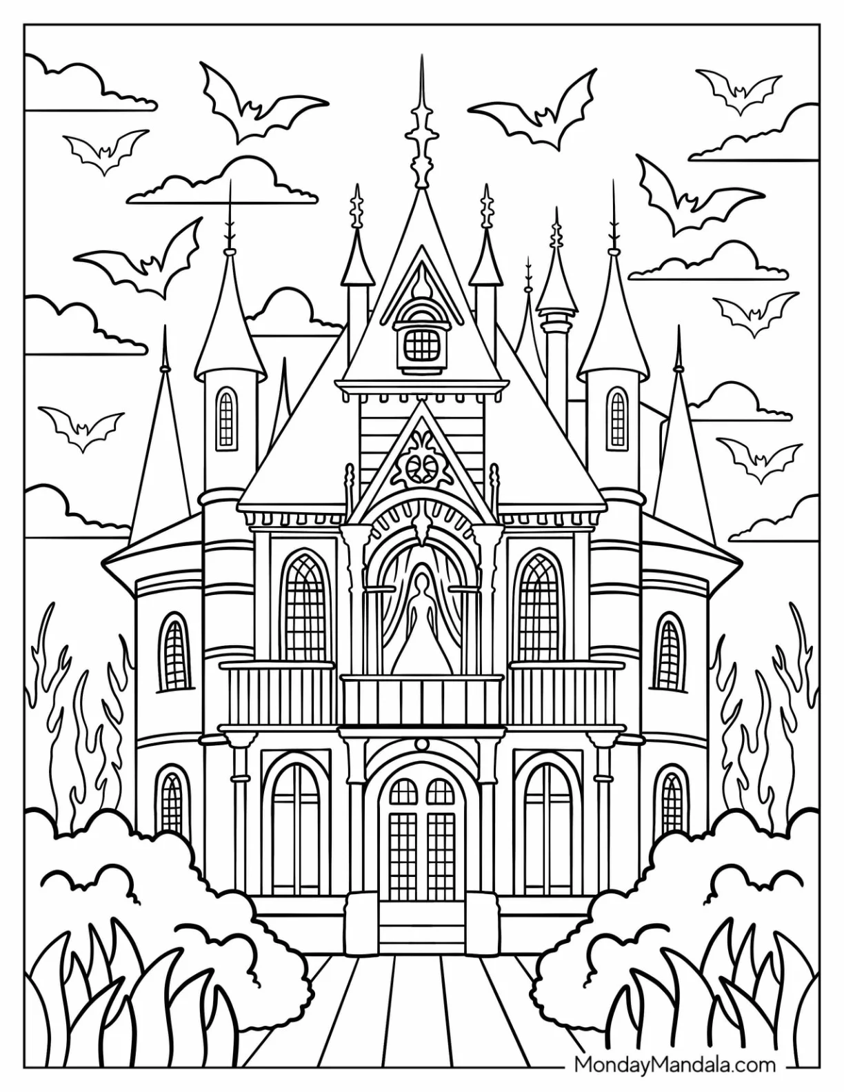 Horror Coloring Page of Vampire’s Castle on a Stormy Night with Bride on the Terrace coloring page