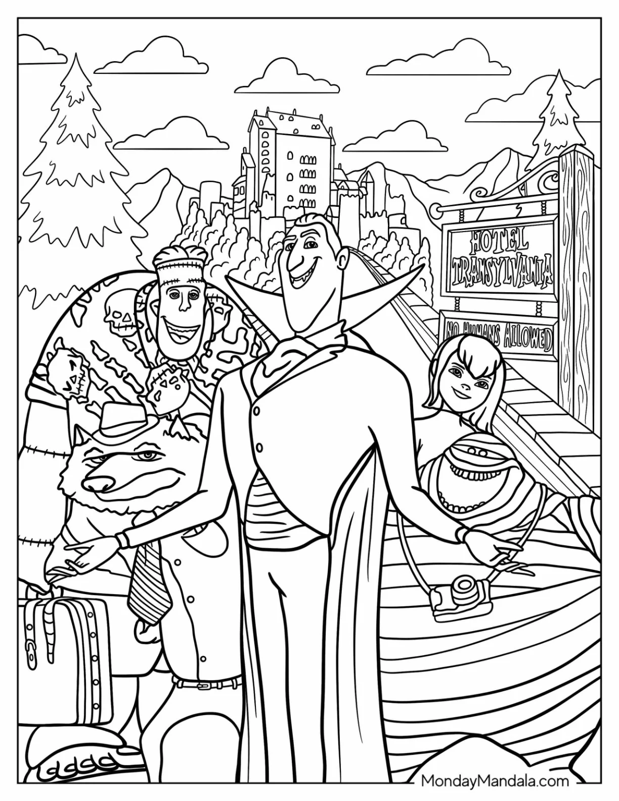Dracula, Mavis, Frankenstein, Wayne, And Murray Outside Hotel Transylvania Coloring Page coloring page