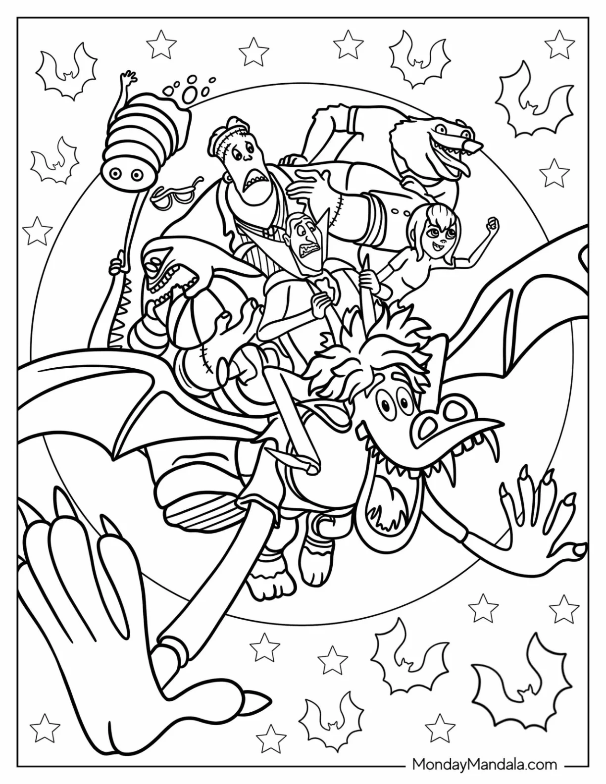 Hotel Transylvania Coloring Page Of Dracula, Mavis, Blobby, Wayne, Frankenstein, And Murray Riding Johnny coloring page
