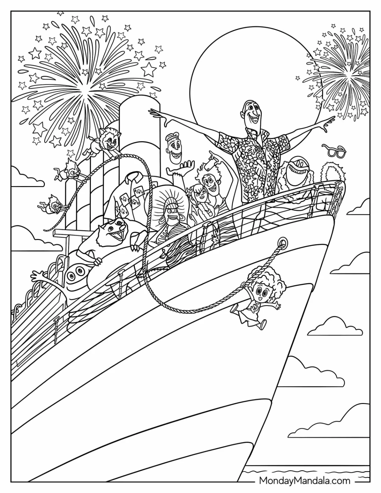 Hotel Transylvania Coloring Page Of Dracula, Mavis, Jonathan, Dennis, And Friends On A Ship coloring page