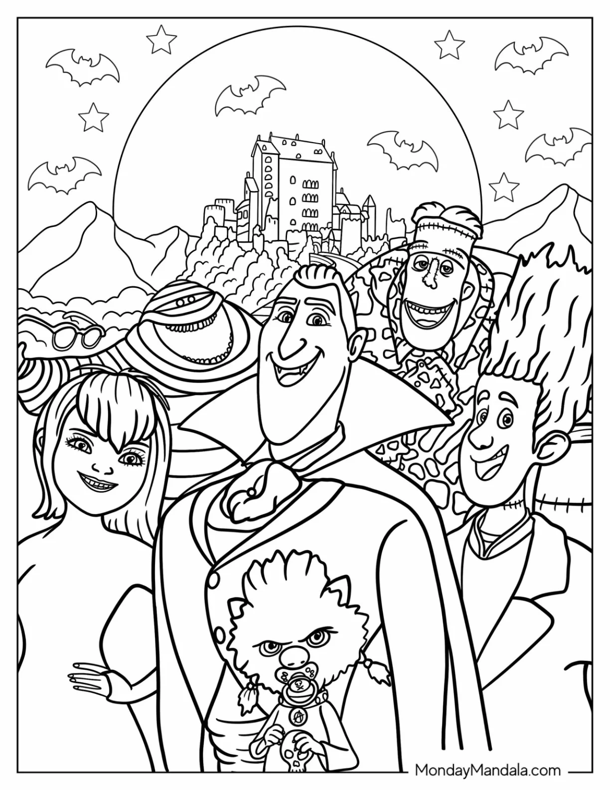 Hotel Transylvania Coloring Page Of Dracula, Mavis, Jonathan, Winnie, Invisible Man, Murray, And Werewolf coloring page