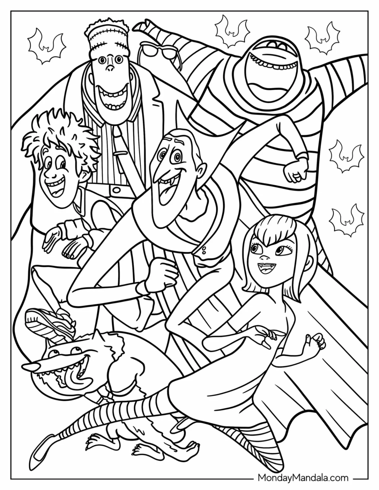 Hotel Transylvania Coloring Page Of Jonathan, Dracula, Mavis, Invisible Man, Frankenstein, And Murray coloring page