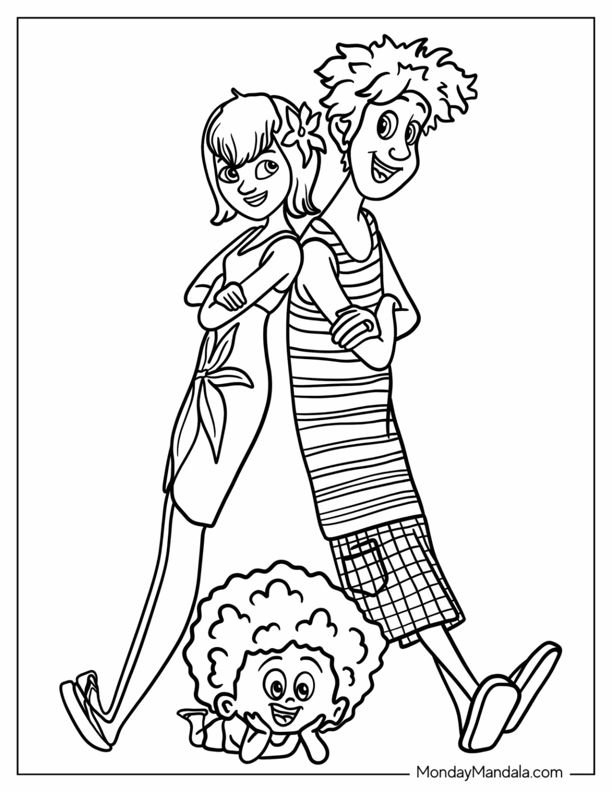 Hotel Transylvania Coloring Page Of Mavis, Jonathan, And Dennis In Summer Outfits For Kids coloring page