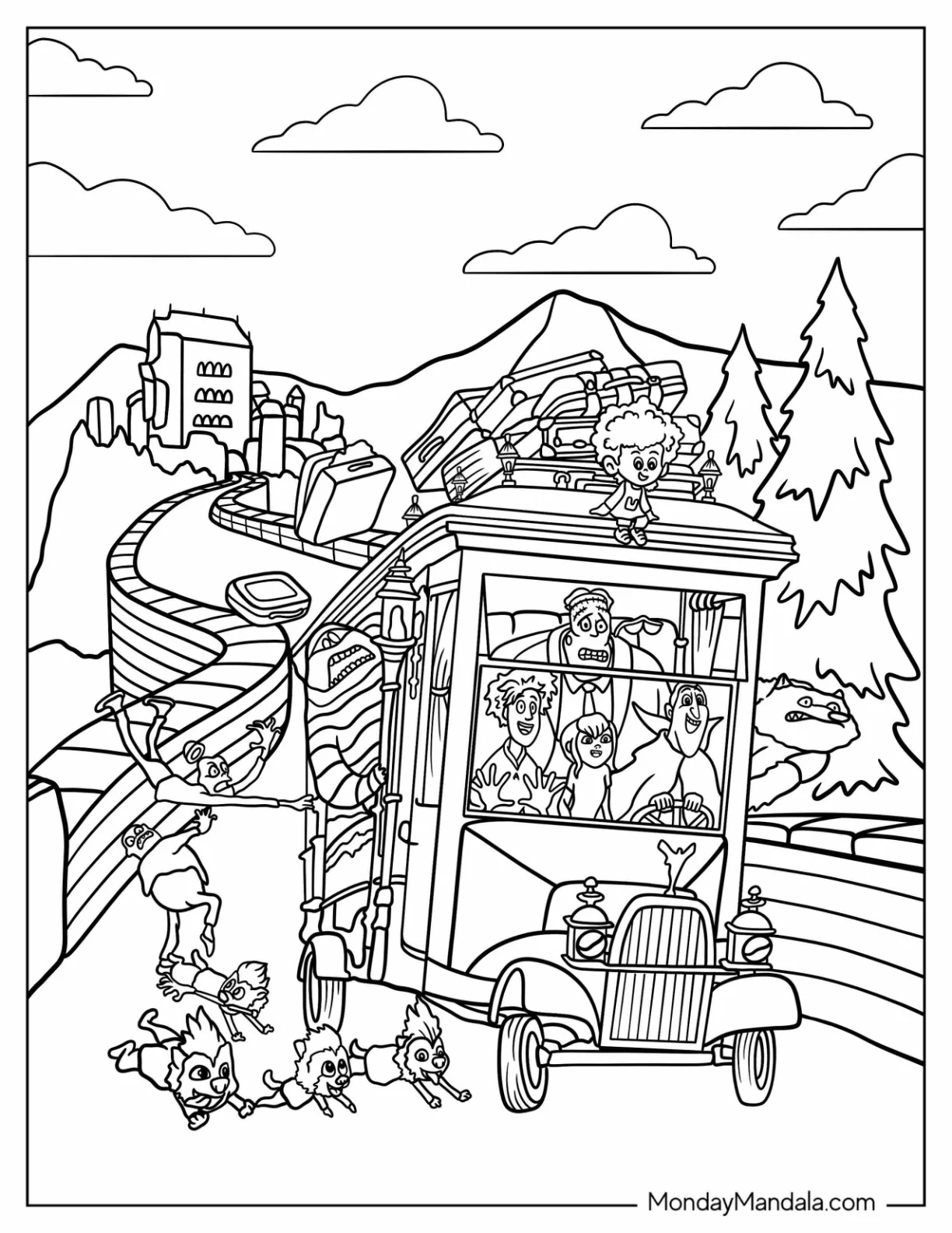 Hotel Transylvania Coloring Page Of Mavis, Jonathan, Dracula, Frankenstein, Wayne, Murray, And Dennis Riding Car coloring page