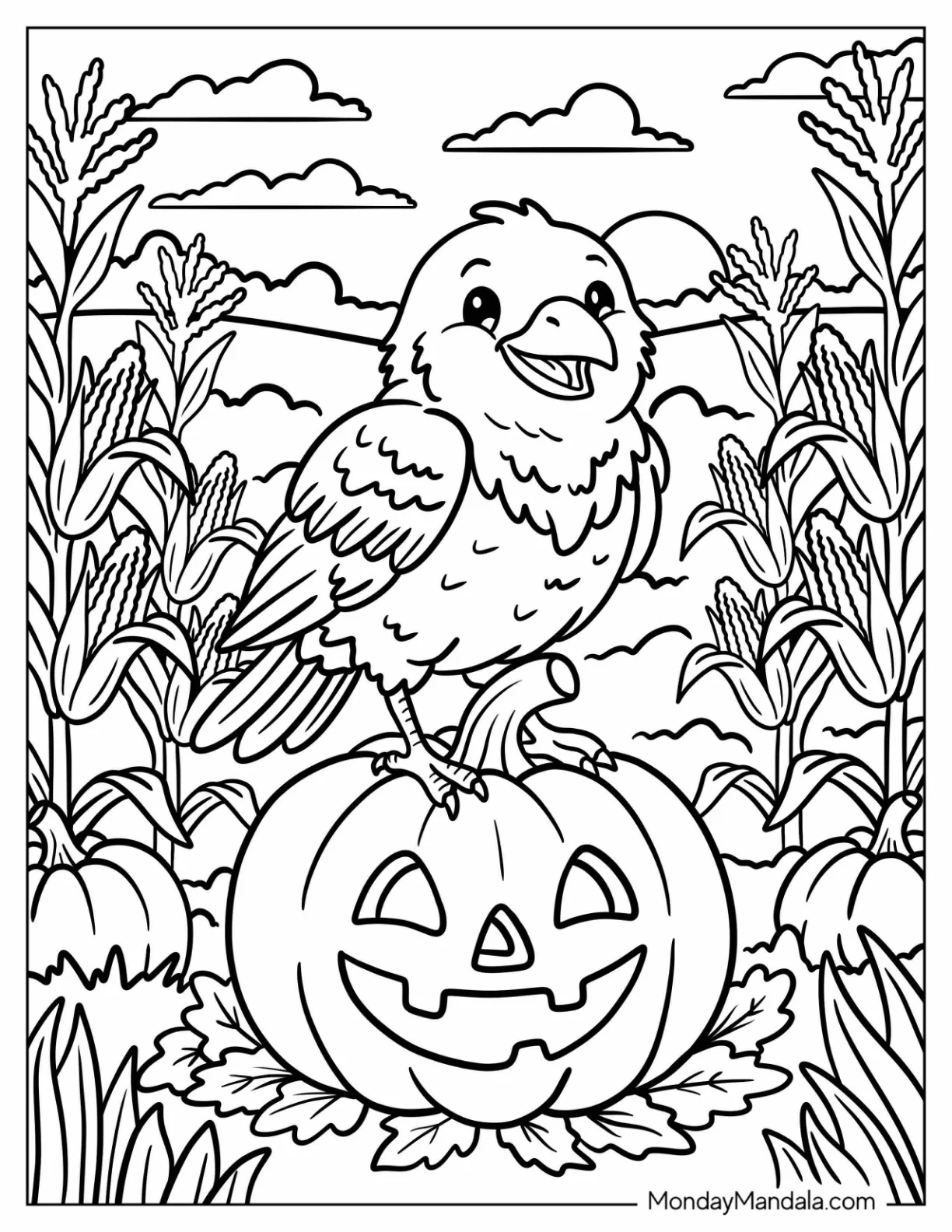 Bird Perched on a Jack O’ Lantern in a Cornfield Coloring Sheet coloring page — printable line art