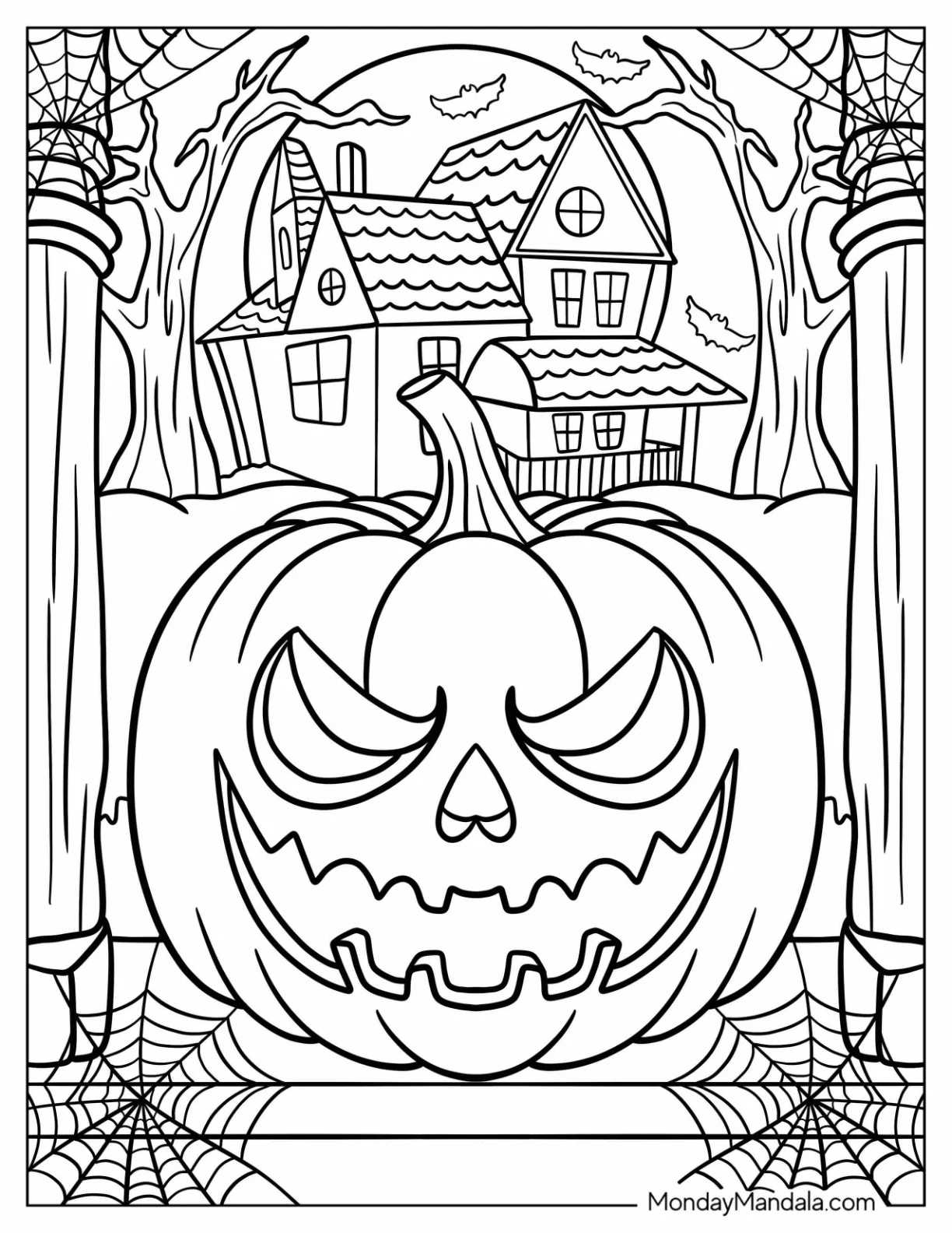 Creepy Jack-O-Lantern Coloring Page in Front of Haunted House coloring page — printable line art