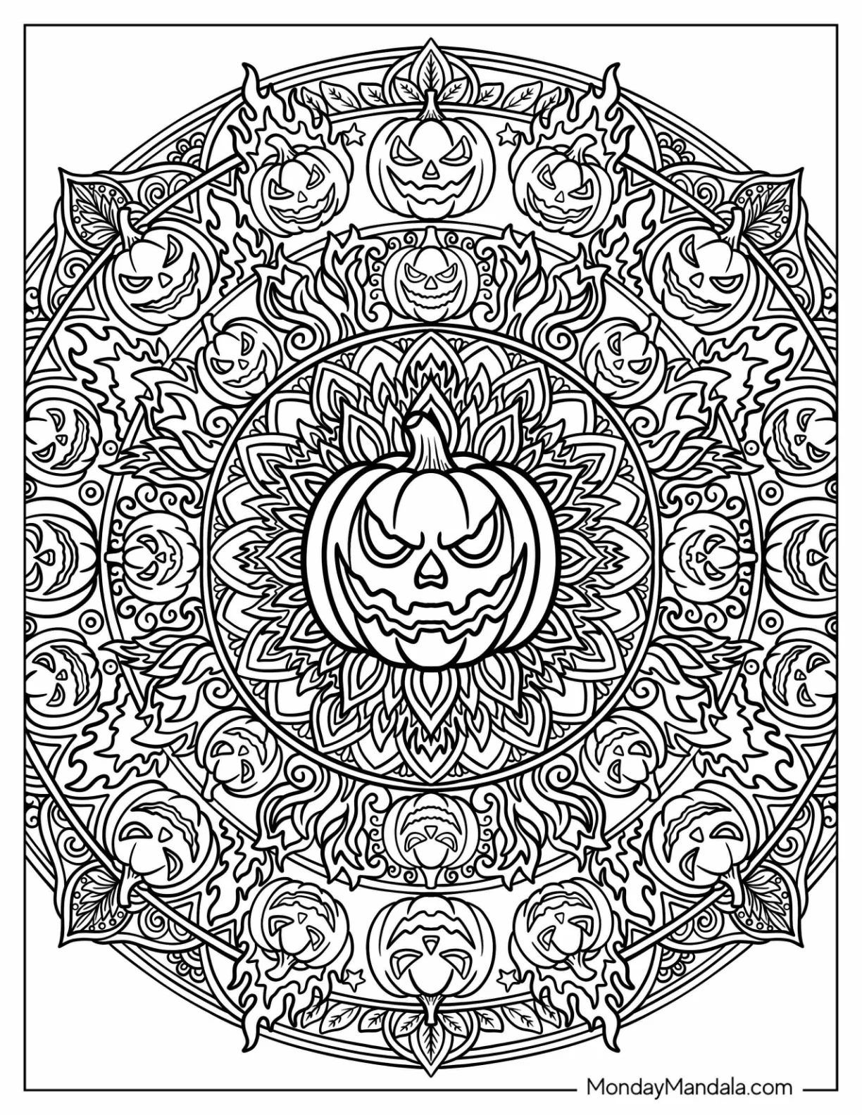 Creepy Jack O’ Lantern Mandala with Flaming Pumpkin Faces coloring page — printable line art