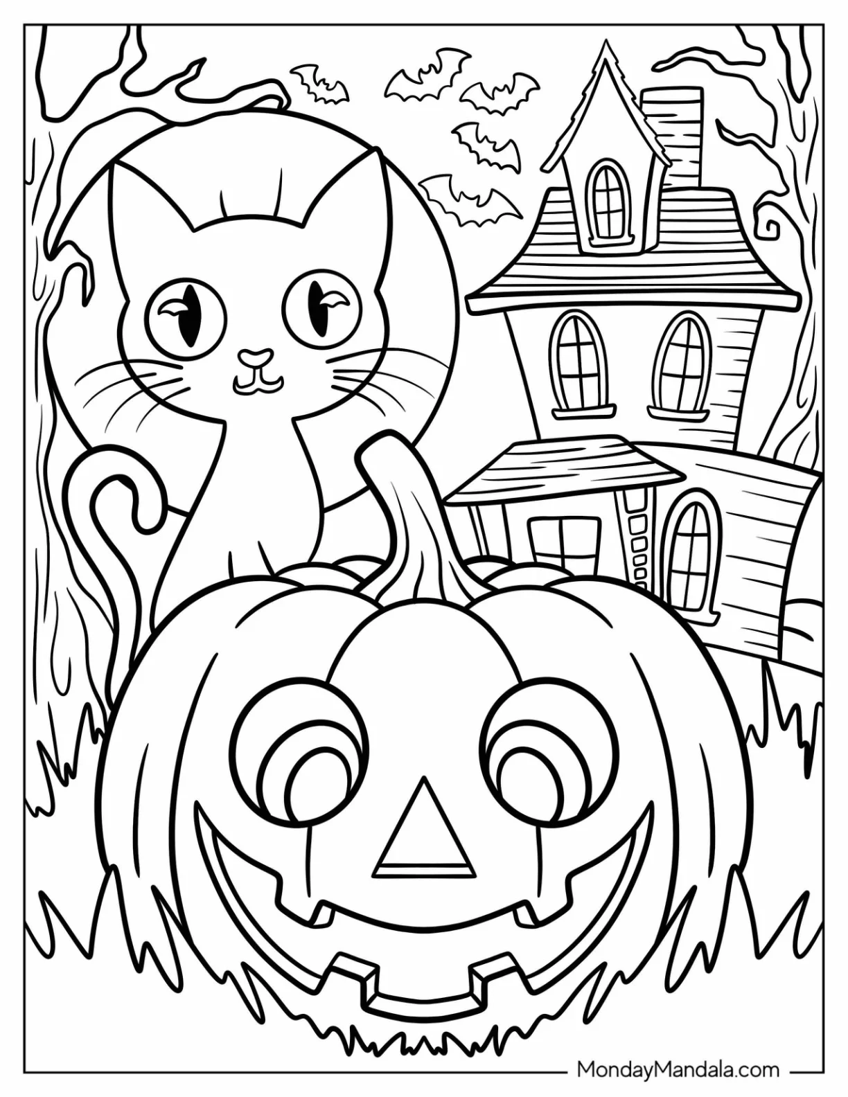 Cute Halloween Cat with Jack-O-Lantern Coloring Page and Haunted House For Kids coloring page — printable line art