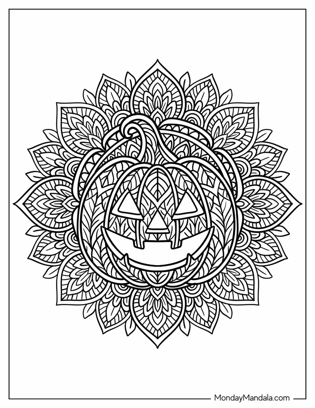 Detailed Halloween Mandala with Jack o’ Lantern Design Coloring Page for Adults” coloring page — printable line art