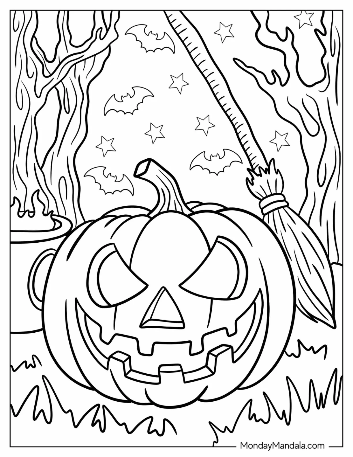 Evil Jack-O-Lantern Coloring Page With Cauldron And Broomstick In Spooky Forest coloring page — printable line art